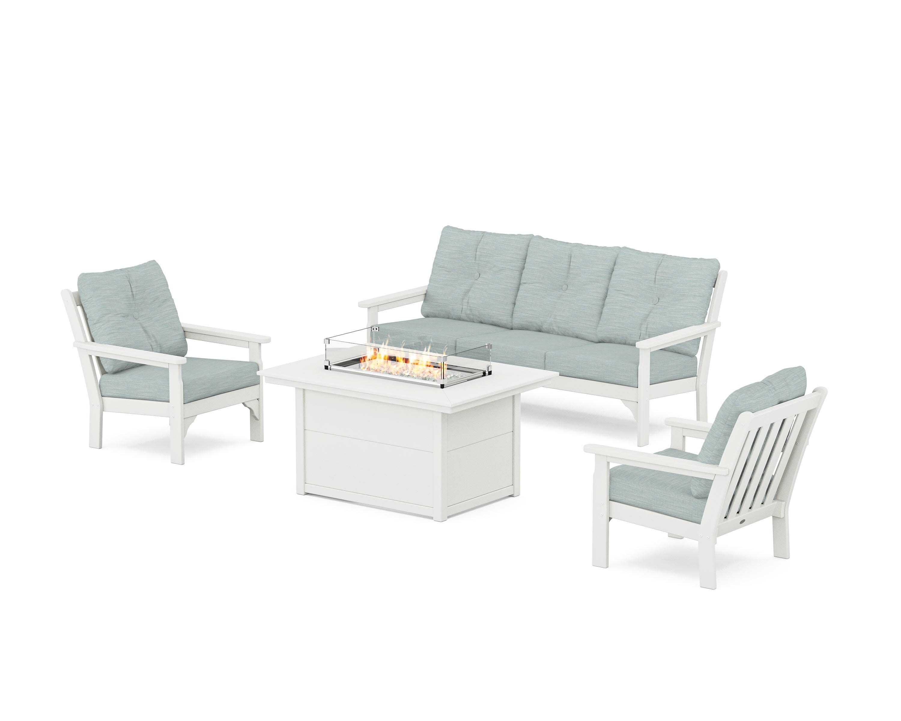 Vineyard Deep Seating Fire Pit Table Set in Vintage White / Soothe Mist