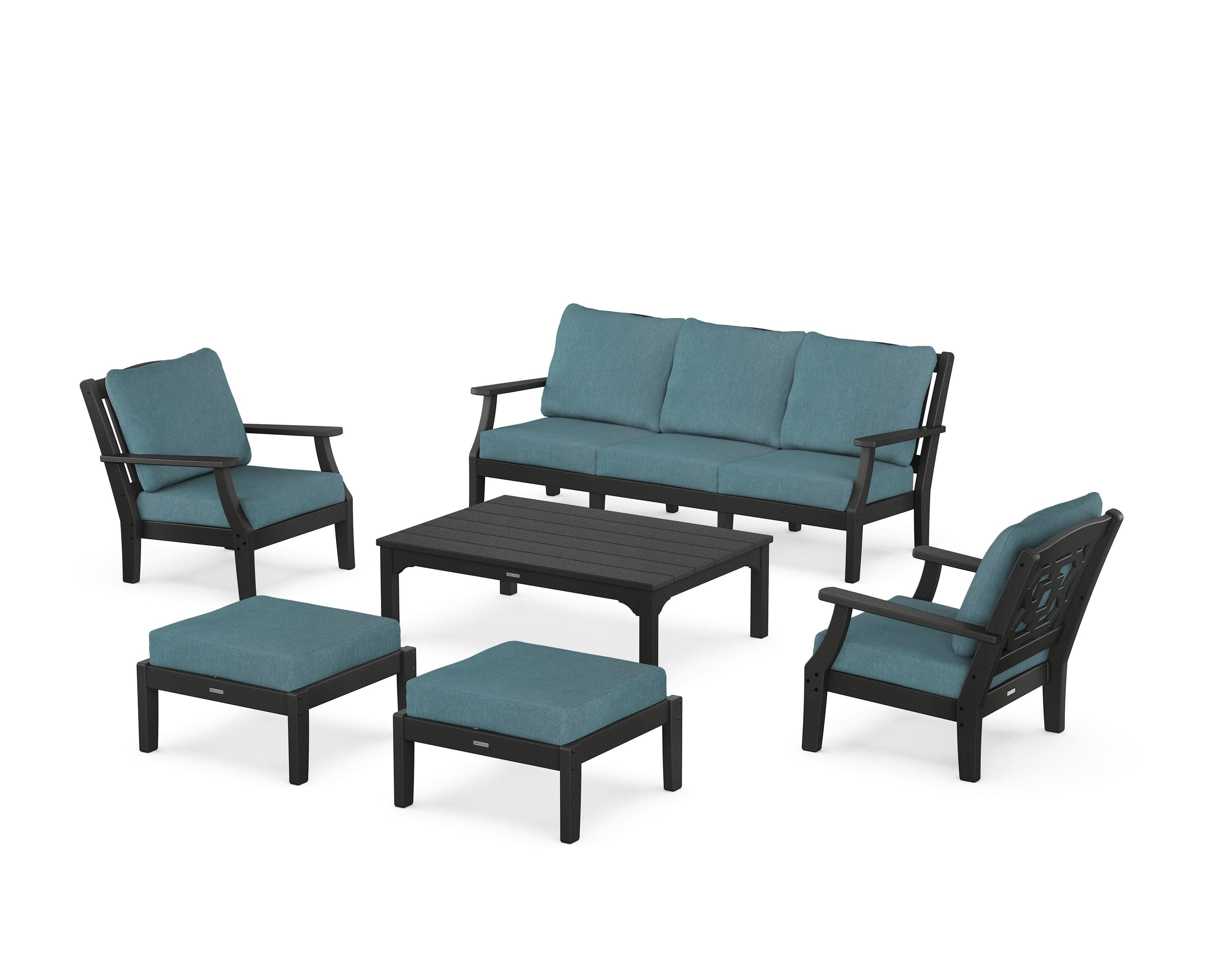 Chinoiserie 6-Piece Lounge Sofa Set in Black / Ocean Teal