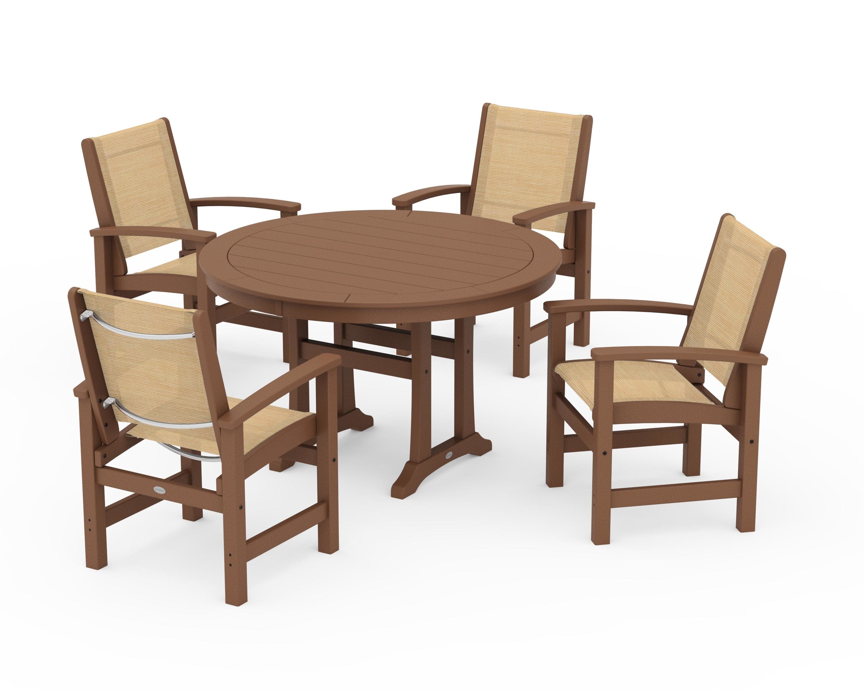 Coastal 5-Piece Round Dining Set with Trestle Legs in Teak / Dupioni Apricot Sling