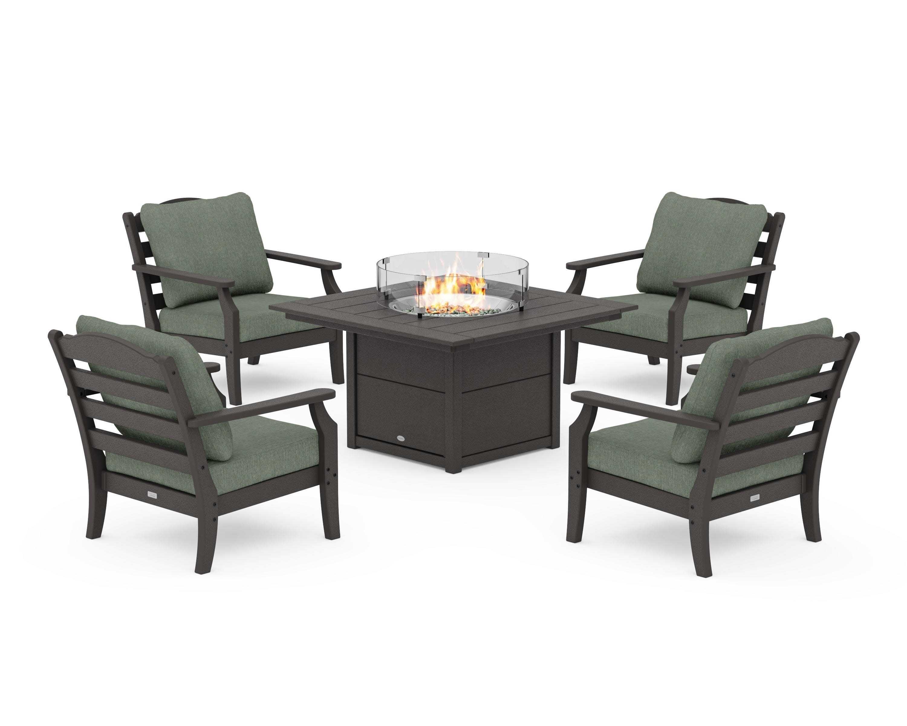 Savannah 5-Piece Deep Seating Set with Fire Pit Table in Vintage Coffee / Cast Sage