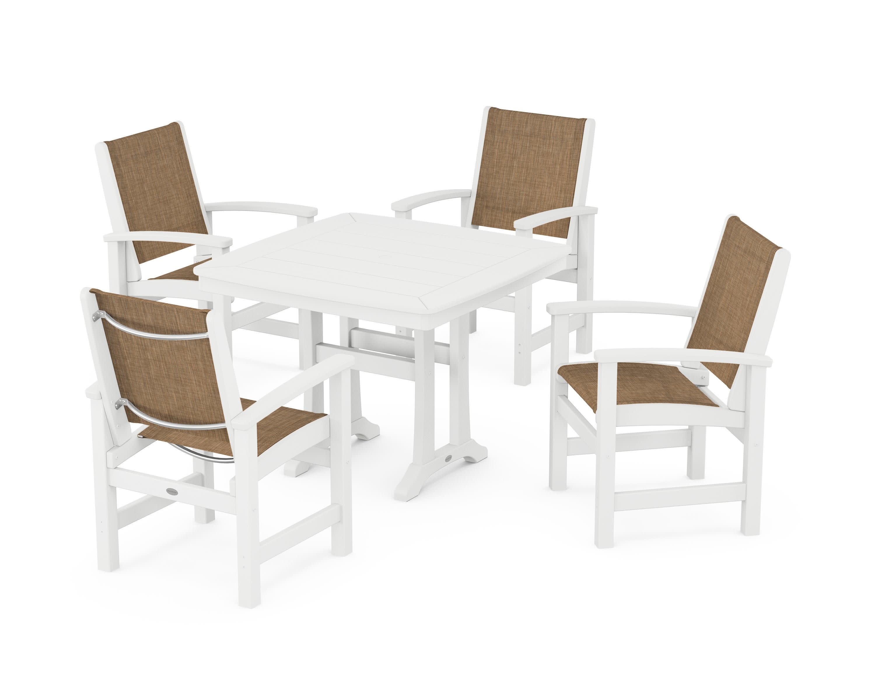 Coastal 5-Piece Dining Set with Trestle Legs in White / Burlap Sling