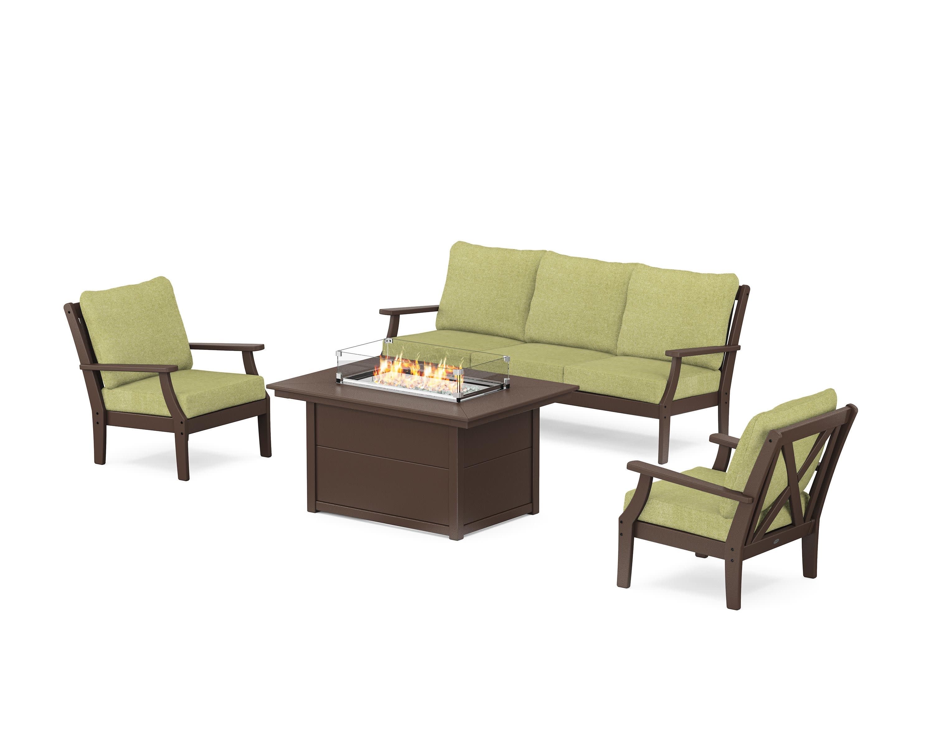 Braxton Deep Seating Fire Pit Table Set in Mahogany / Chartreuse Boucle