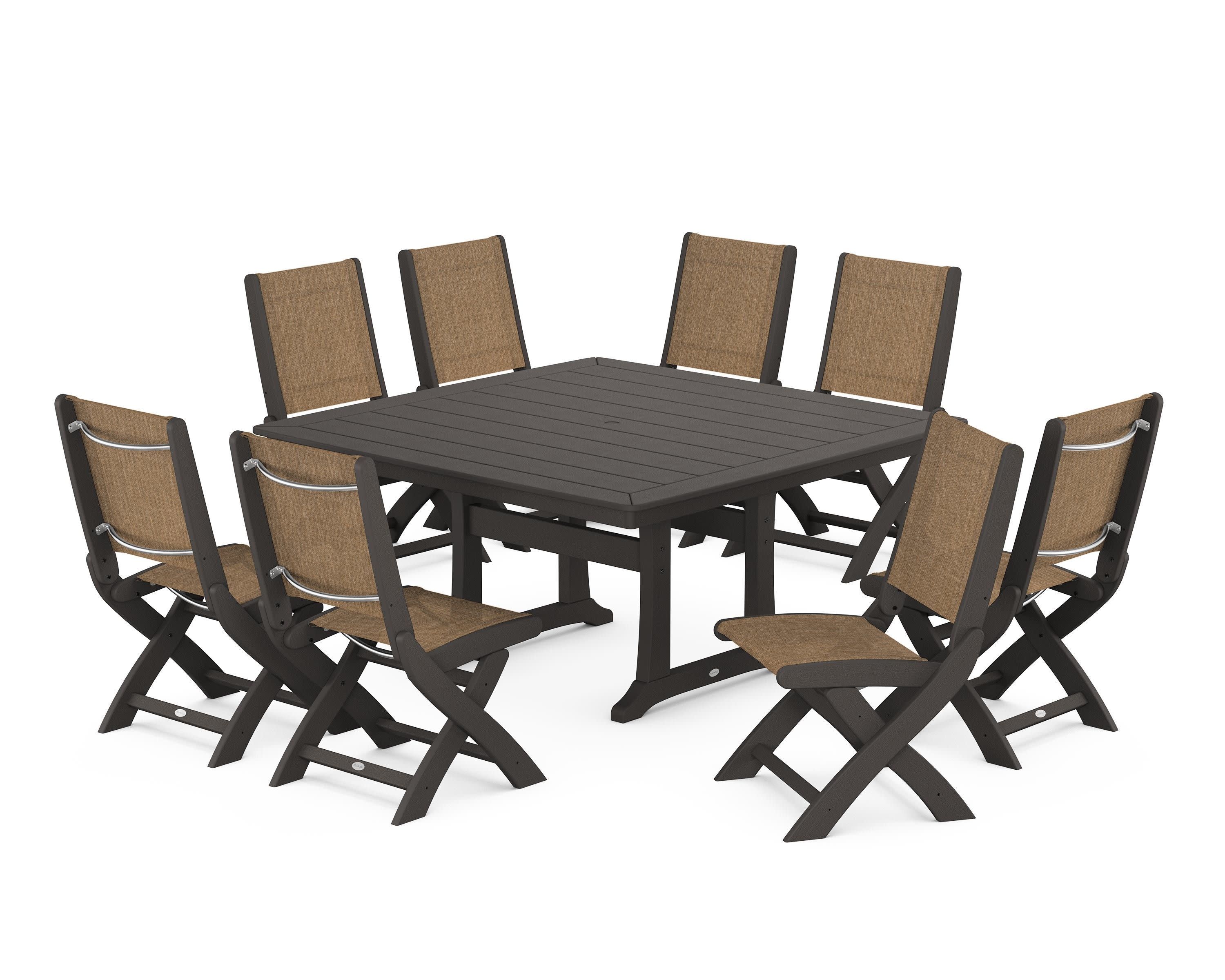 Coastal Folding Side Chair 9-Piece Dining Set with Trestle Legs in Vintage Coffee / Burlap Sling