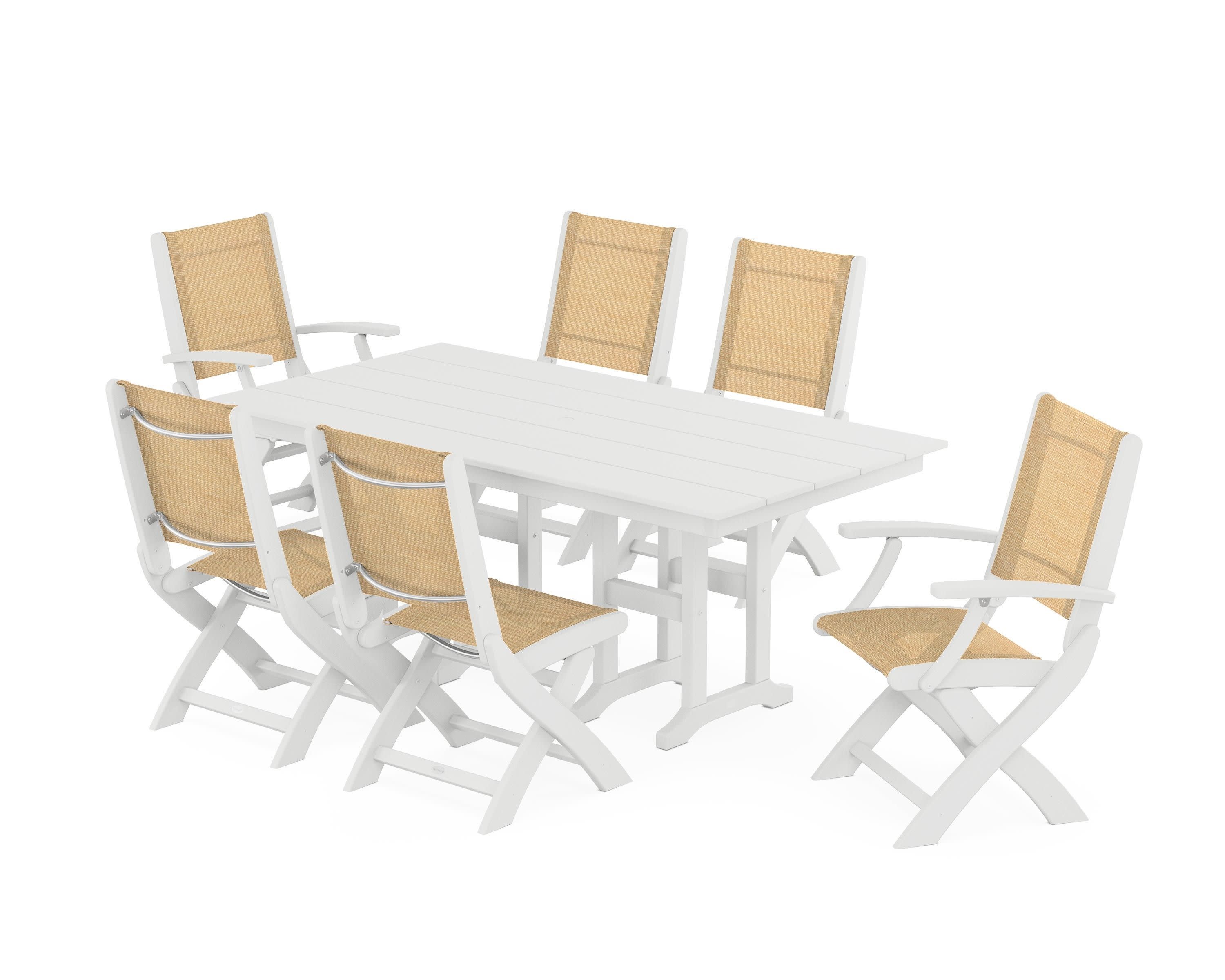 Coastal Folding Chair 7-Piece Farmhouse Dining Set in White / Dupioni Apricot Sling