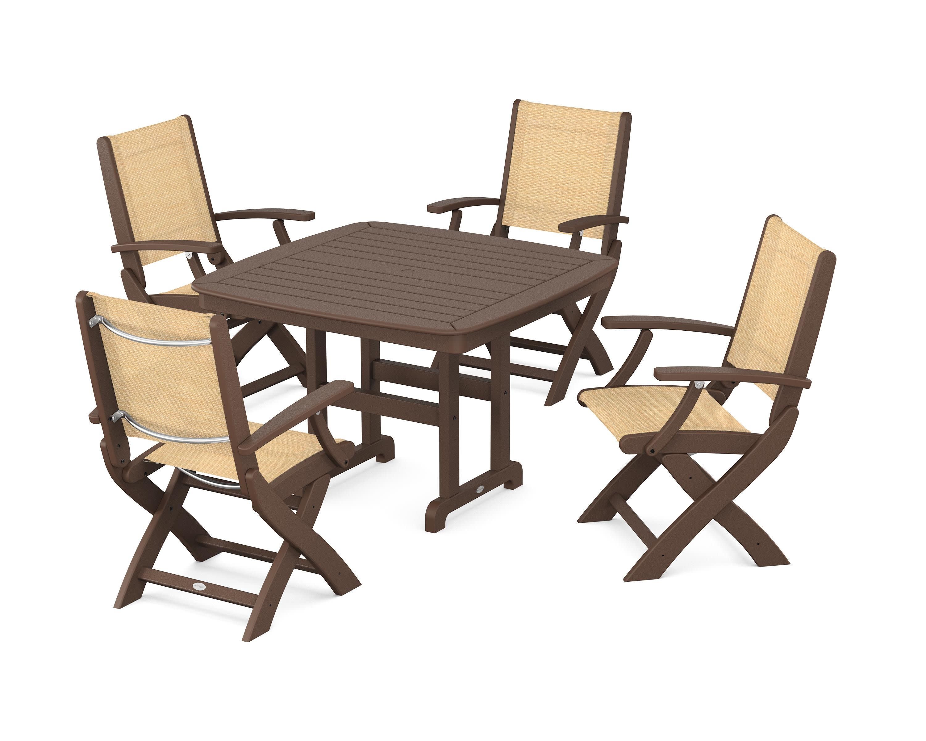 Coastal Folding Chair 5-Piece Dining Set in Mahogany / Dupioni Apricot Sling