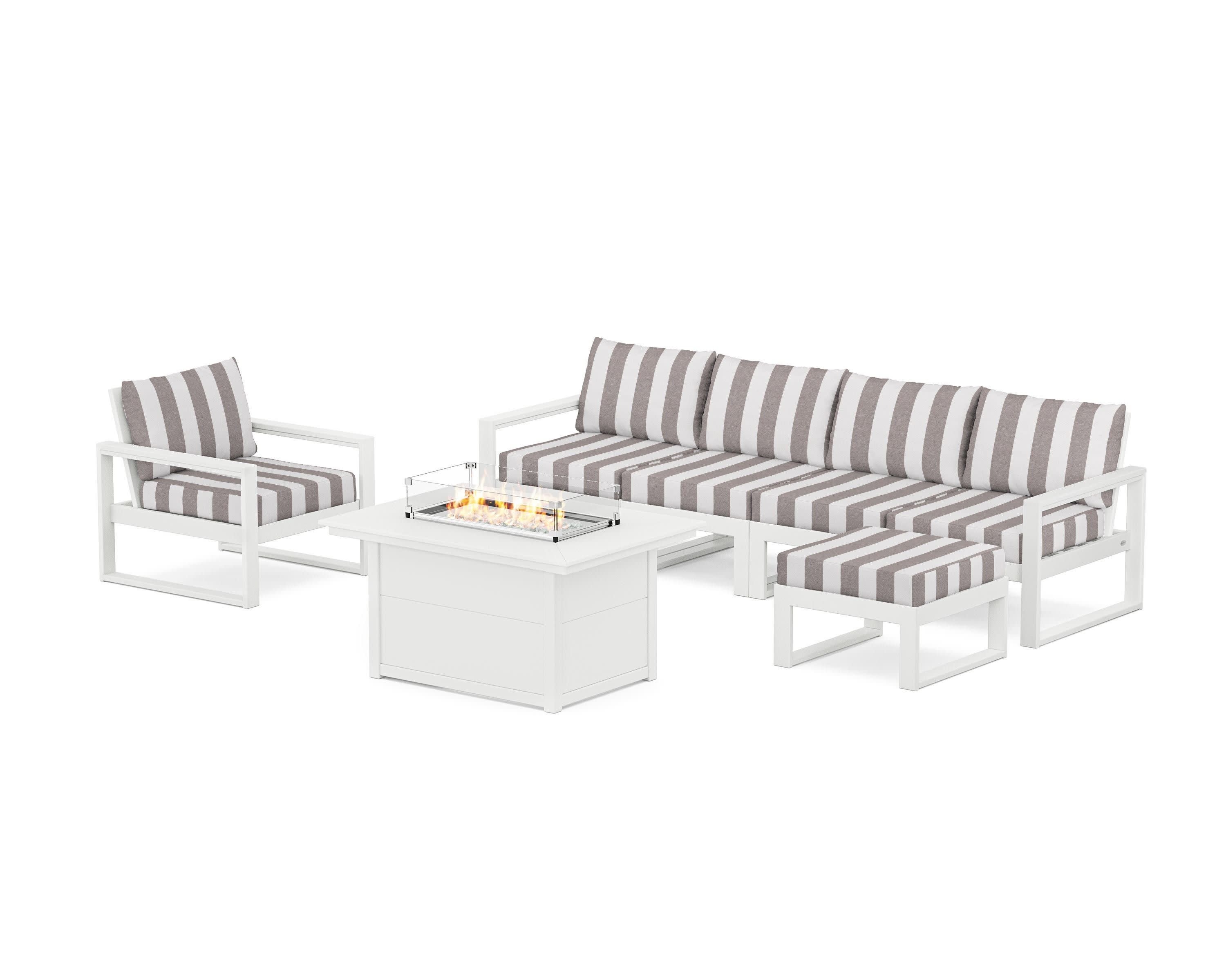 EDGE Sectional Lounge and Fire Pit Set in White / Cabana Stripe Grey Mist