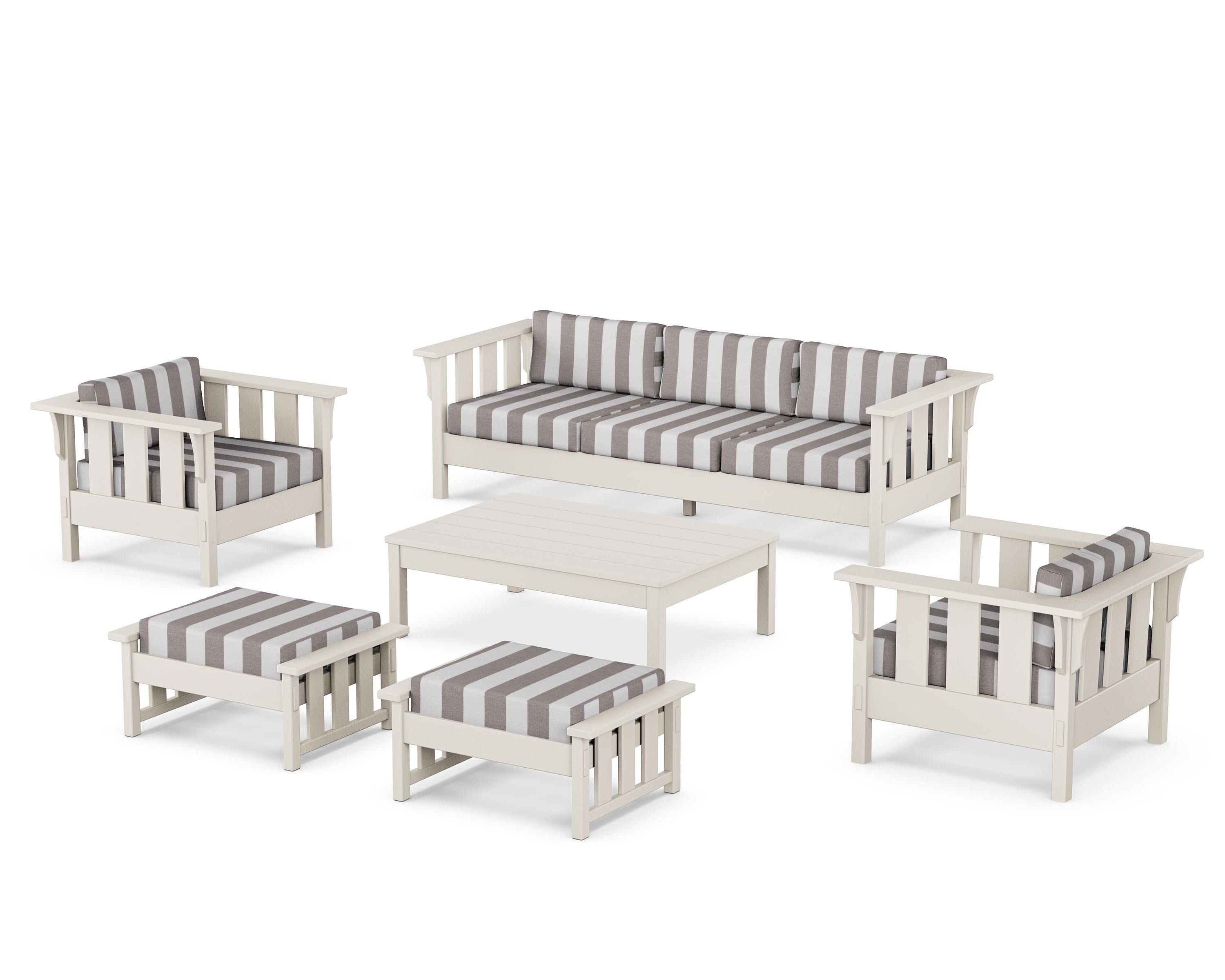 Acadia 6-Piece Lounge Sofa Set in Sand / Cabana Stripe Grey Mist