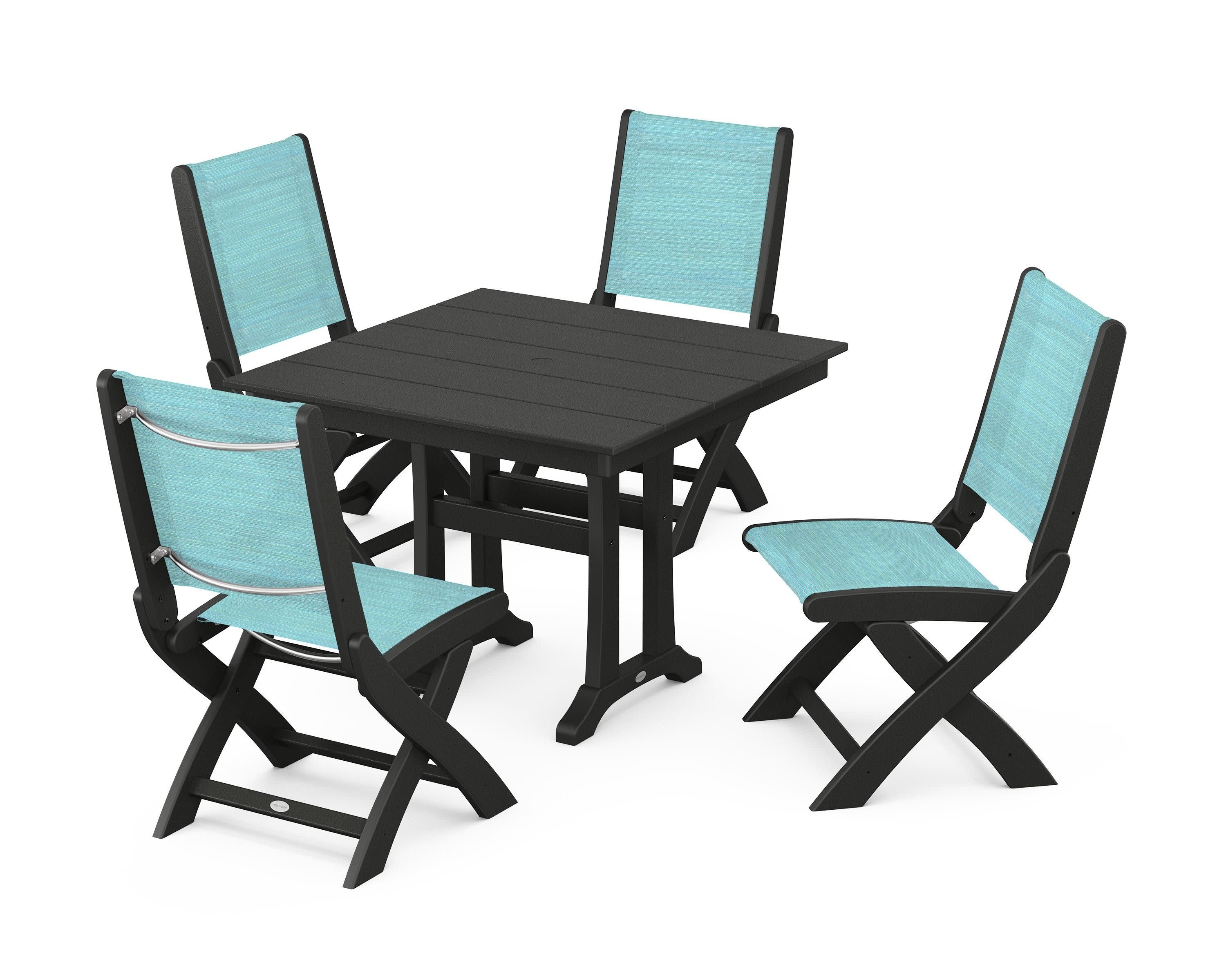 Coastal Folding Side Chair 5-Piece Farmhouse Dining Set With Trestle Legs in Black / Dupioni Aquamarine Sling