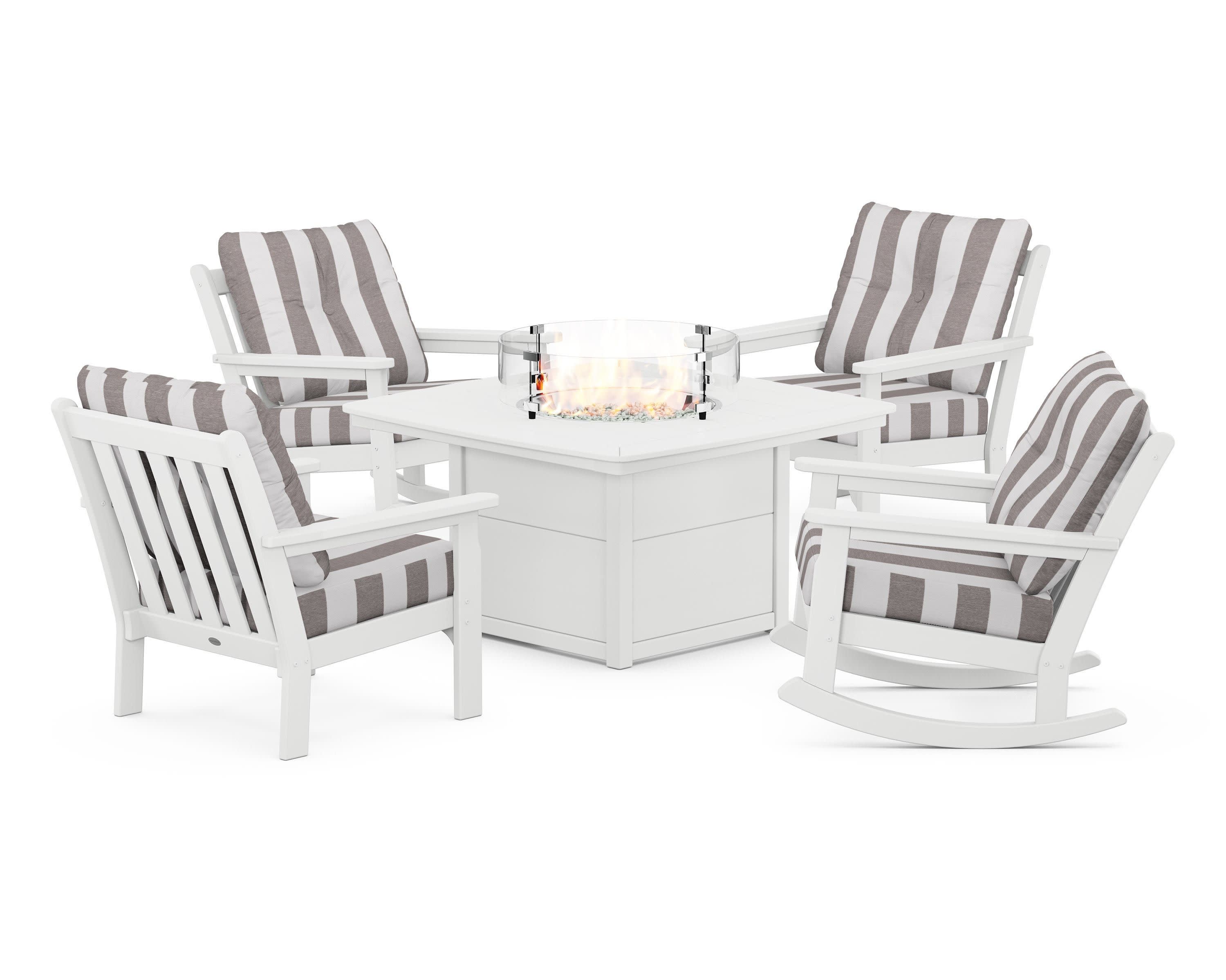 Vineyard 5-Piece Deep Seating Rocking Chair Conversation Set with Fire Pit Table in White / Cabana Stripe Grey Mist