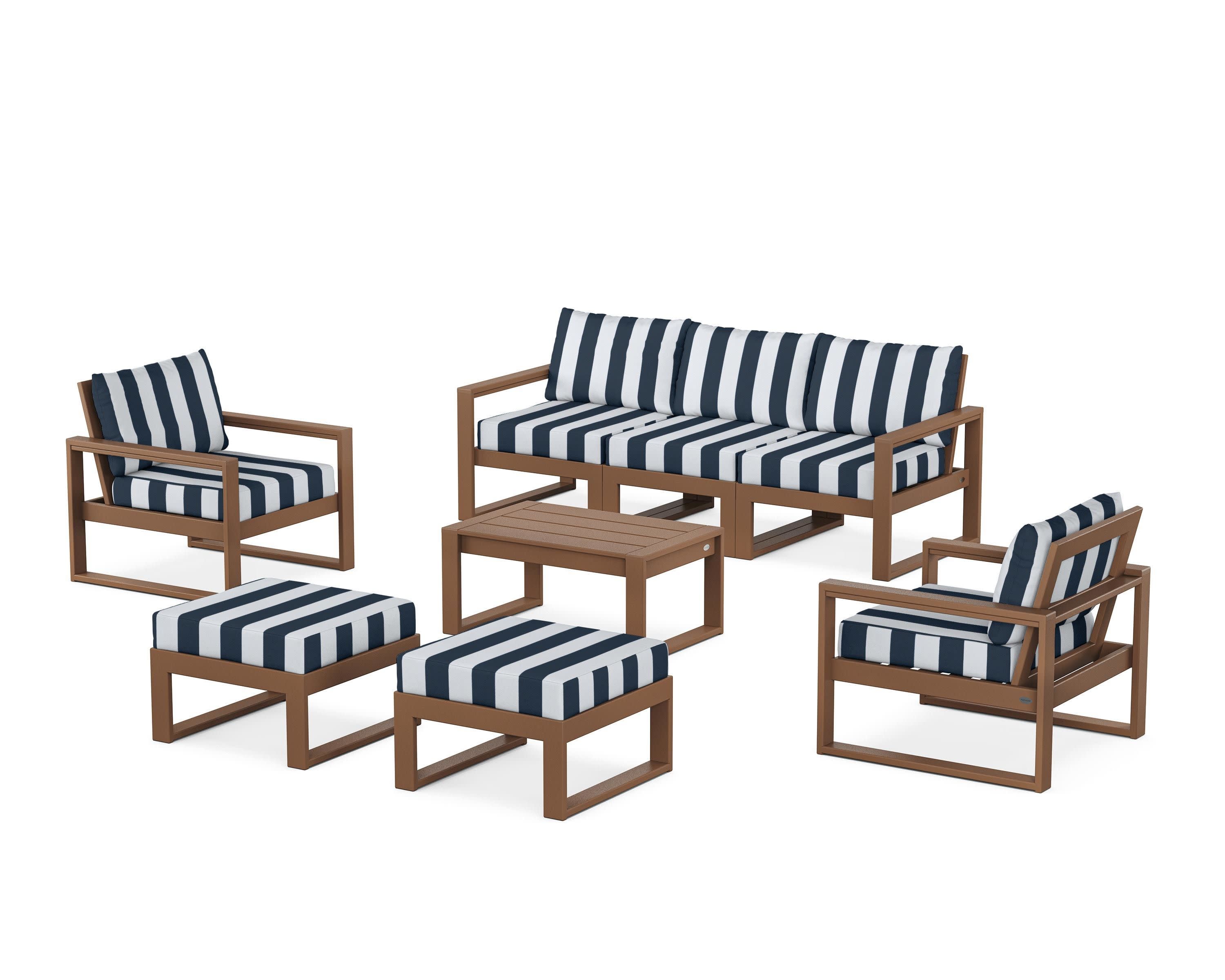 EDGE Sectional 8-Piece Lounge Sofa Set in Teak / Cabana Stripe Marine Indigo