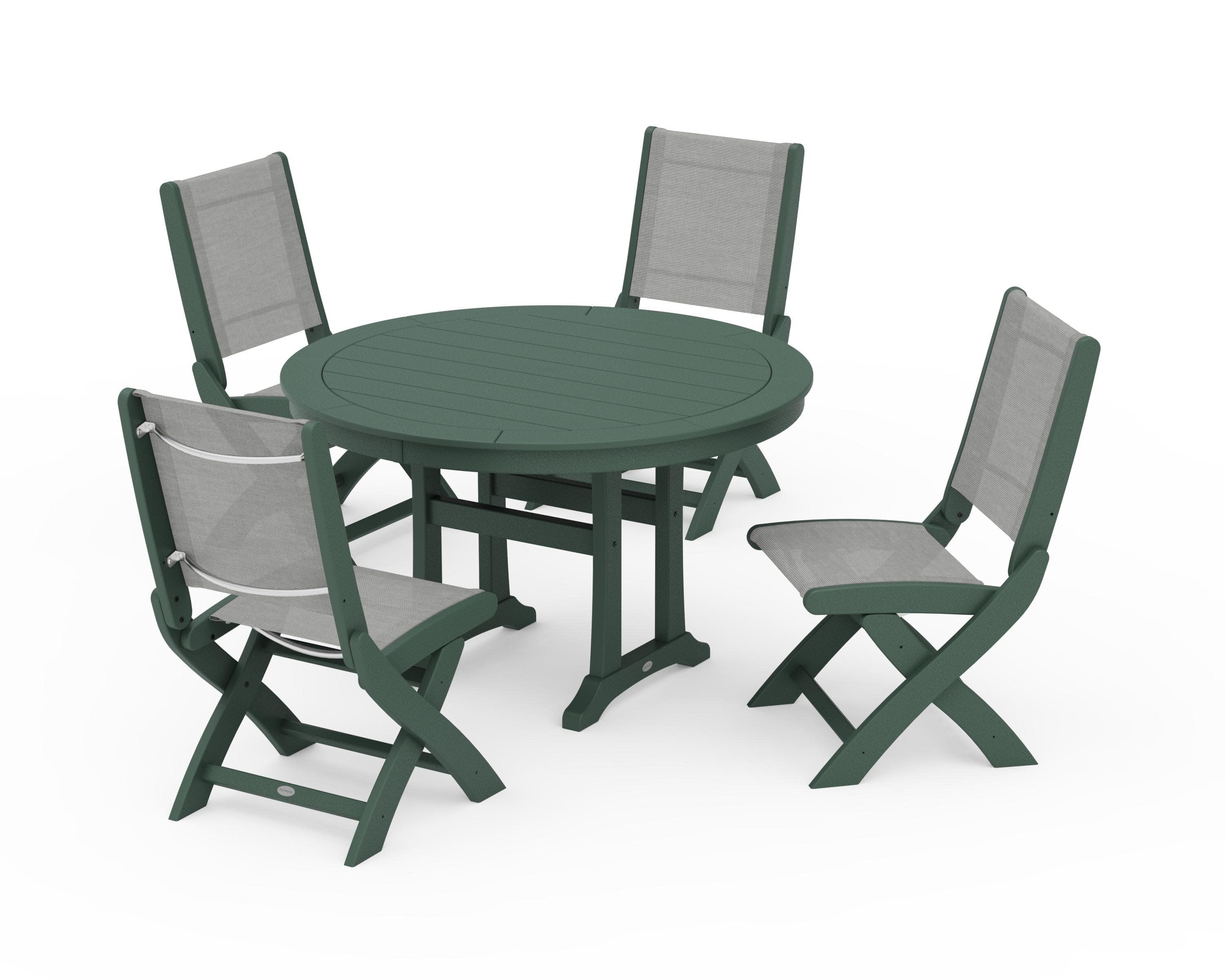 Coastal Folding Side Chair 5-Piece Round Dining Set With Trestle Legs in Green / Metallic Sling