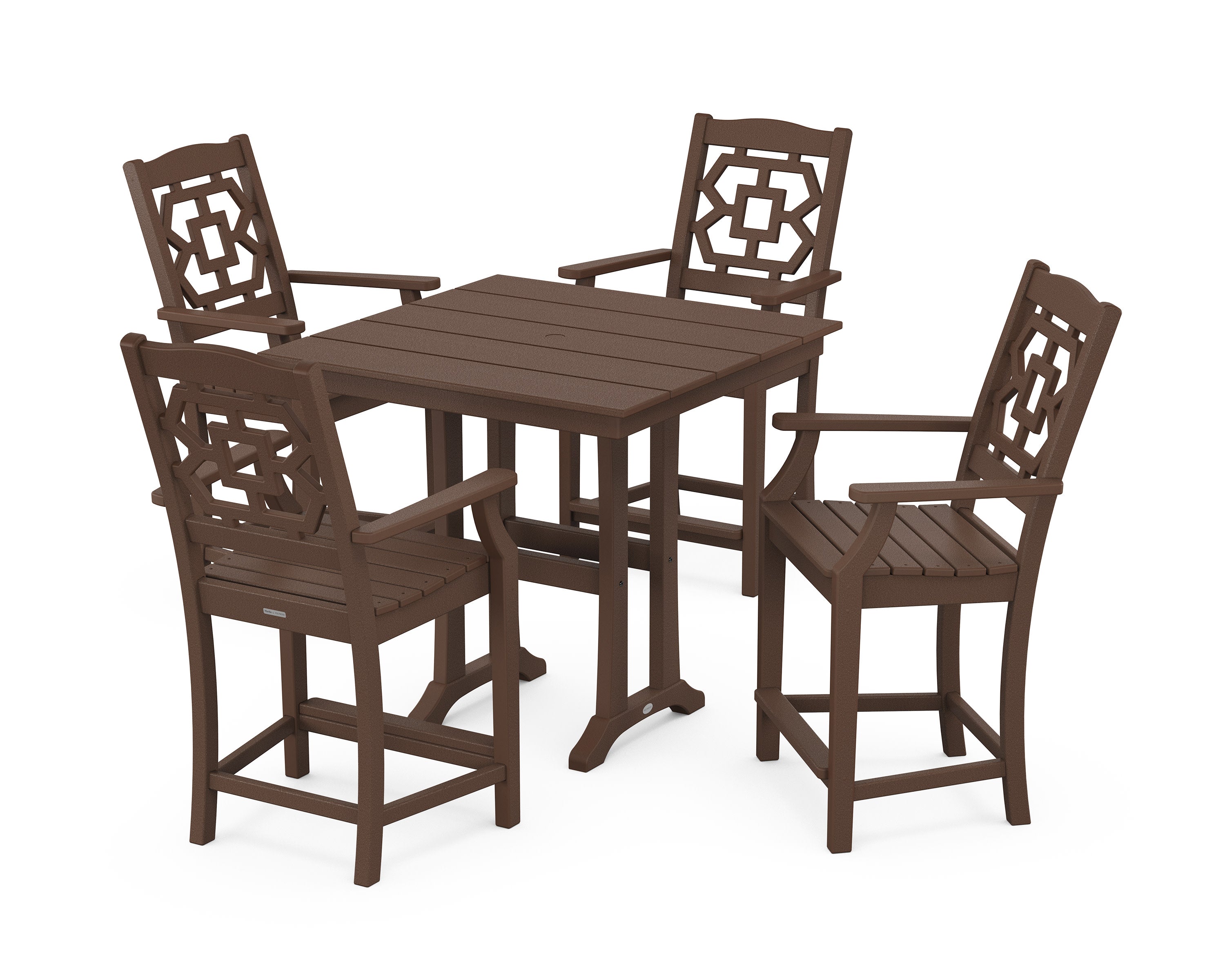 Chinoiserie 5-Piece Farmhouse Counter Set with Trestle Legs in Mahogany