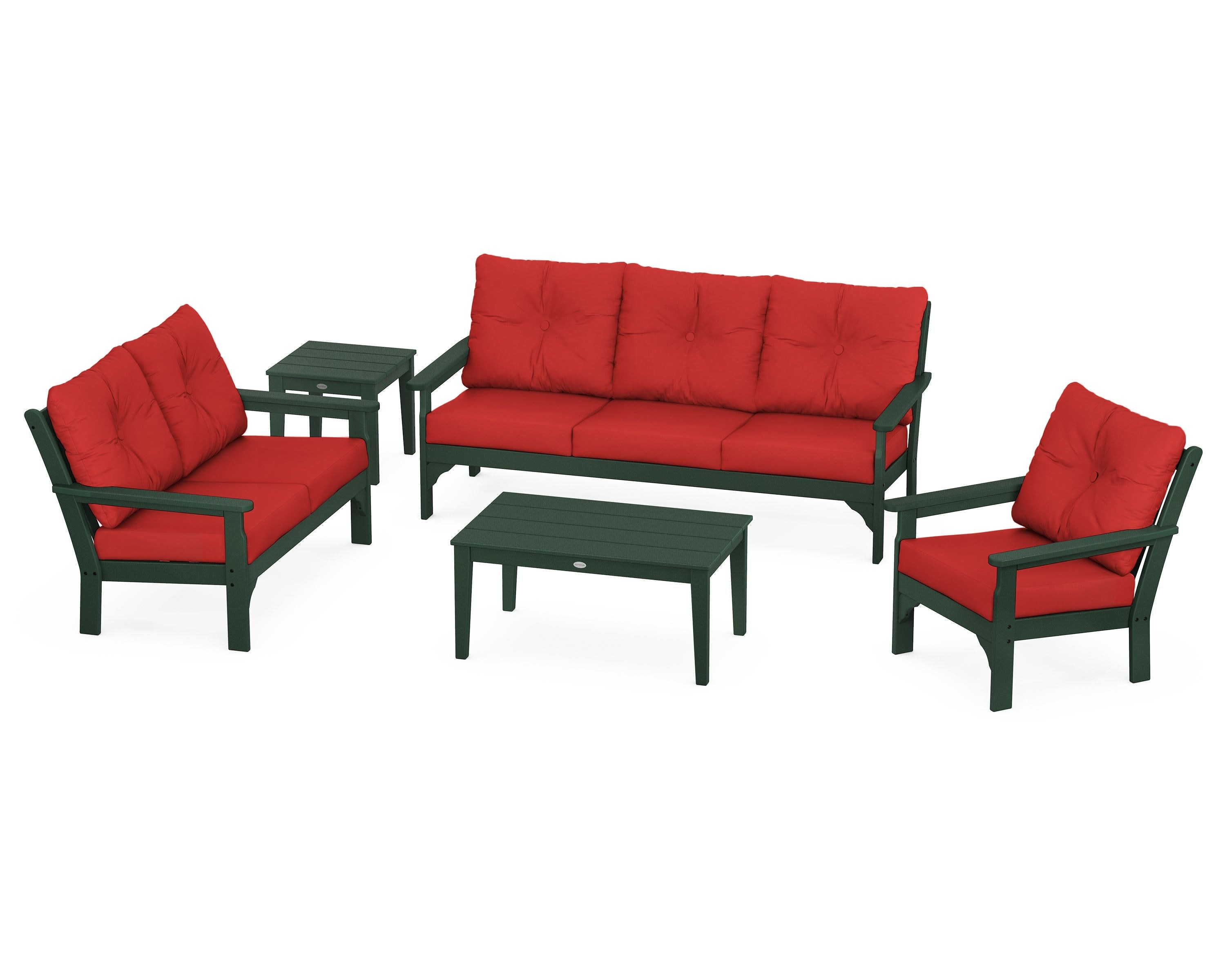 Vineyard 5 Piece Deep Seating Set in Green / Crimson Linen