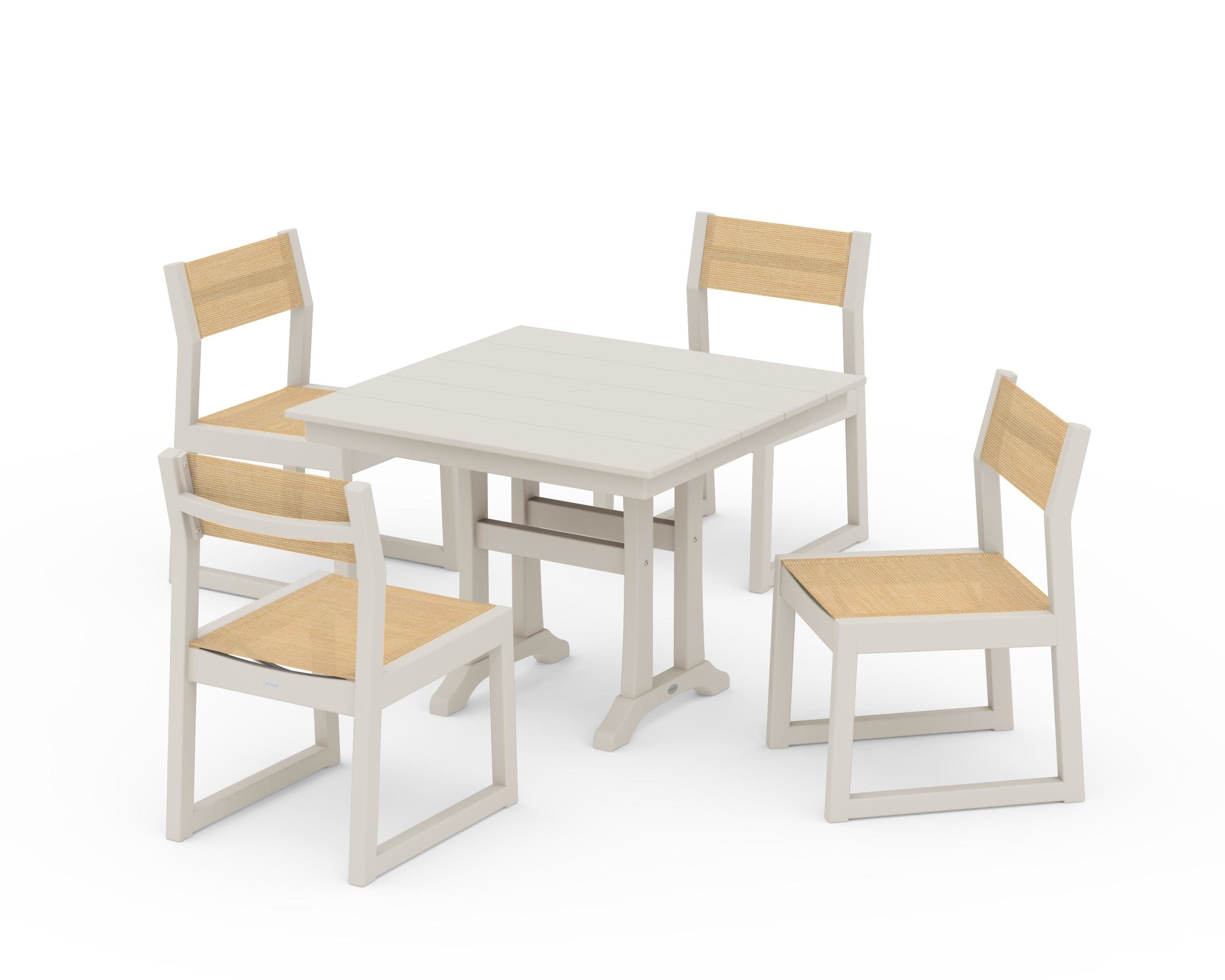 EDGE Sling 5-Piece Farmhouse Trestle Side Chair Dining Set in Sand / Dupioni Apricot Sling