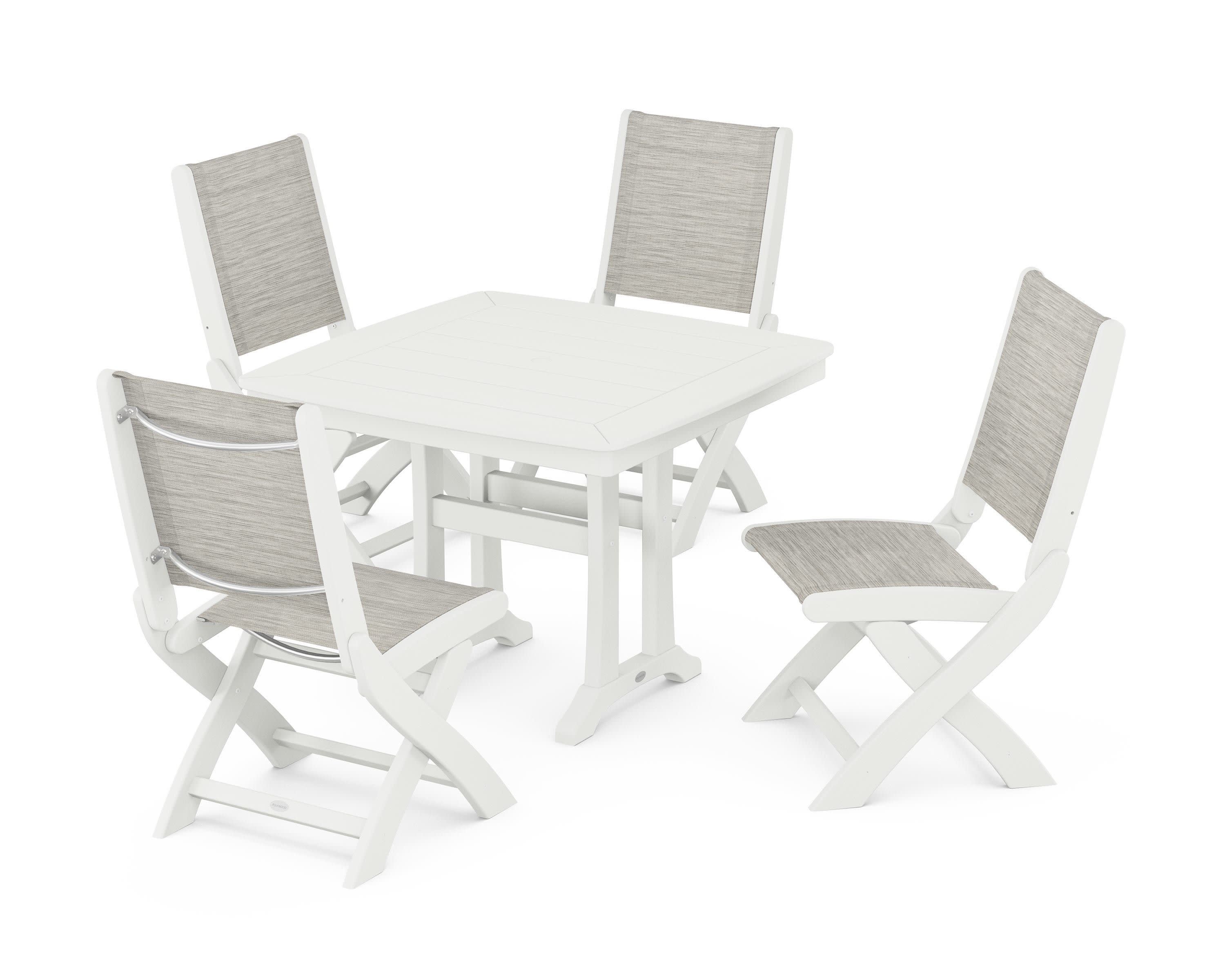 Coastal Folding Side Chair 5-Piece Dining Set with Trestle Legs in Vintage White / Birch Sling