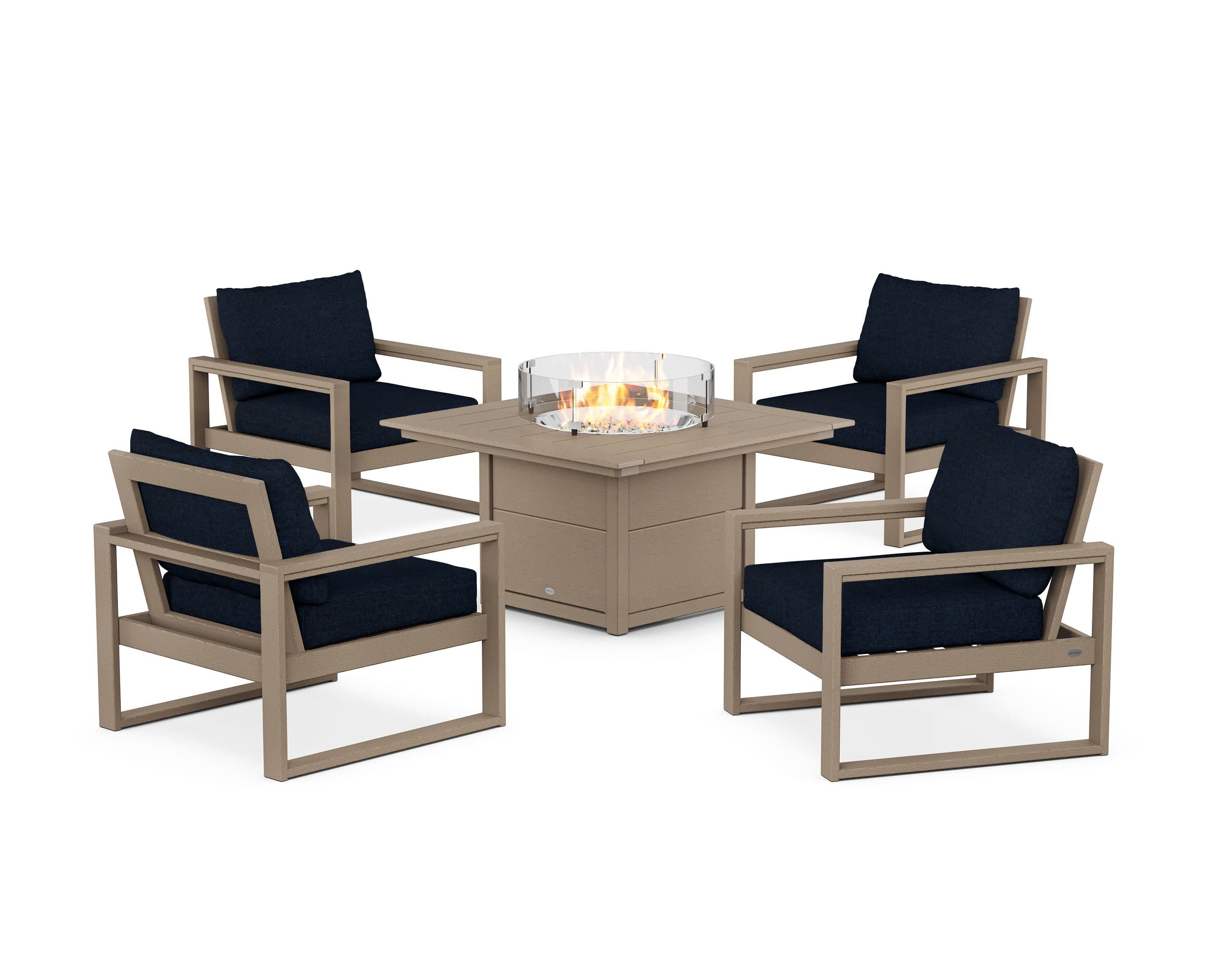 EDGE Sectional 5-Piece Deep Seating Set with Fire Pit Table in Vintage Sahara / Marine Indigo