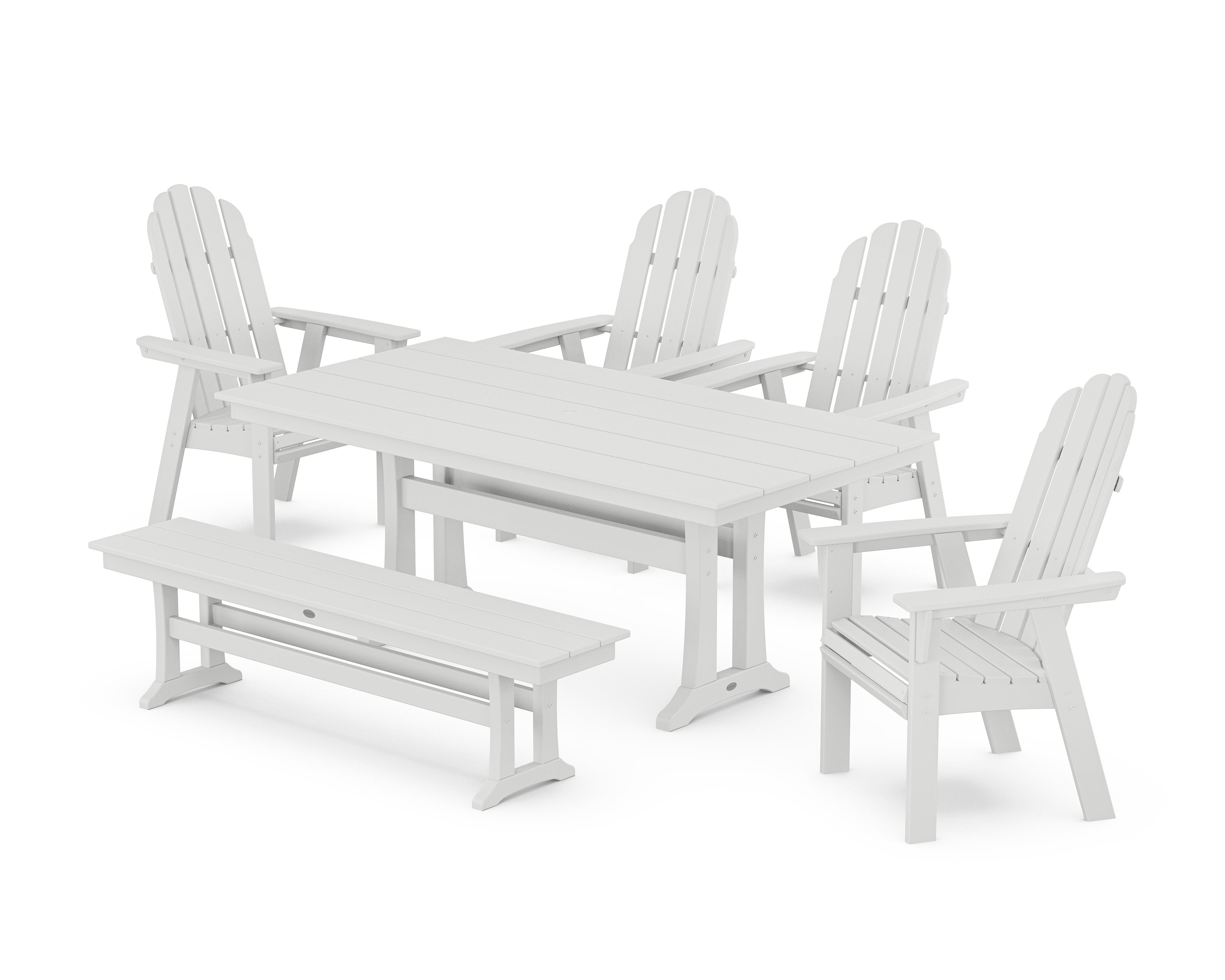 Vineyard Curveback Adirondack Chair 6-Piece Farmhouse Dining Set with Trestle Legs and Bench in White