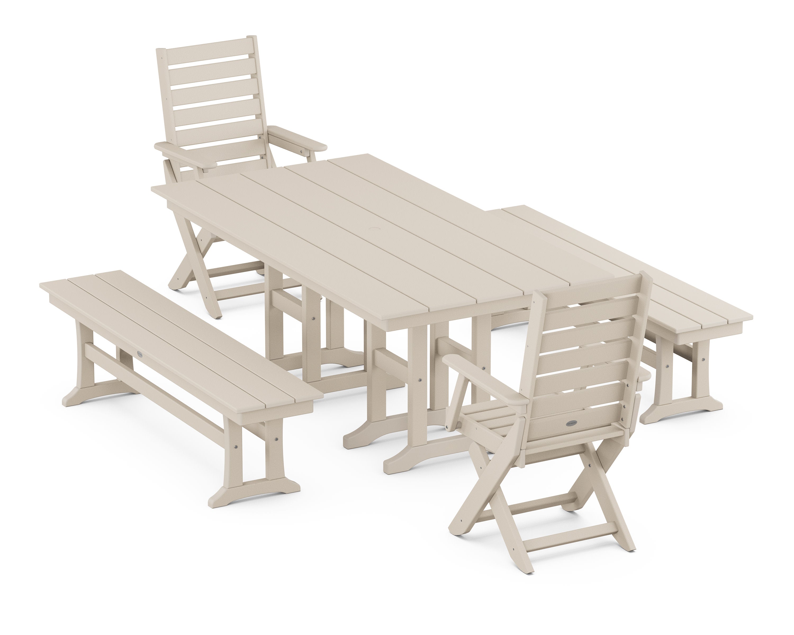 Captain Folding Chair 5-Piece Farmhouse Dining Set with Benches in Sand