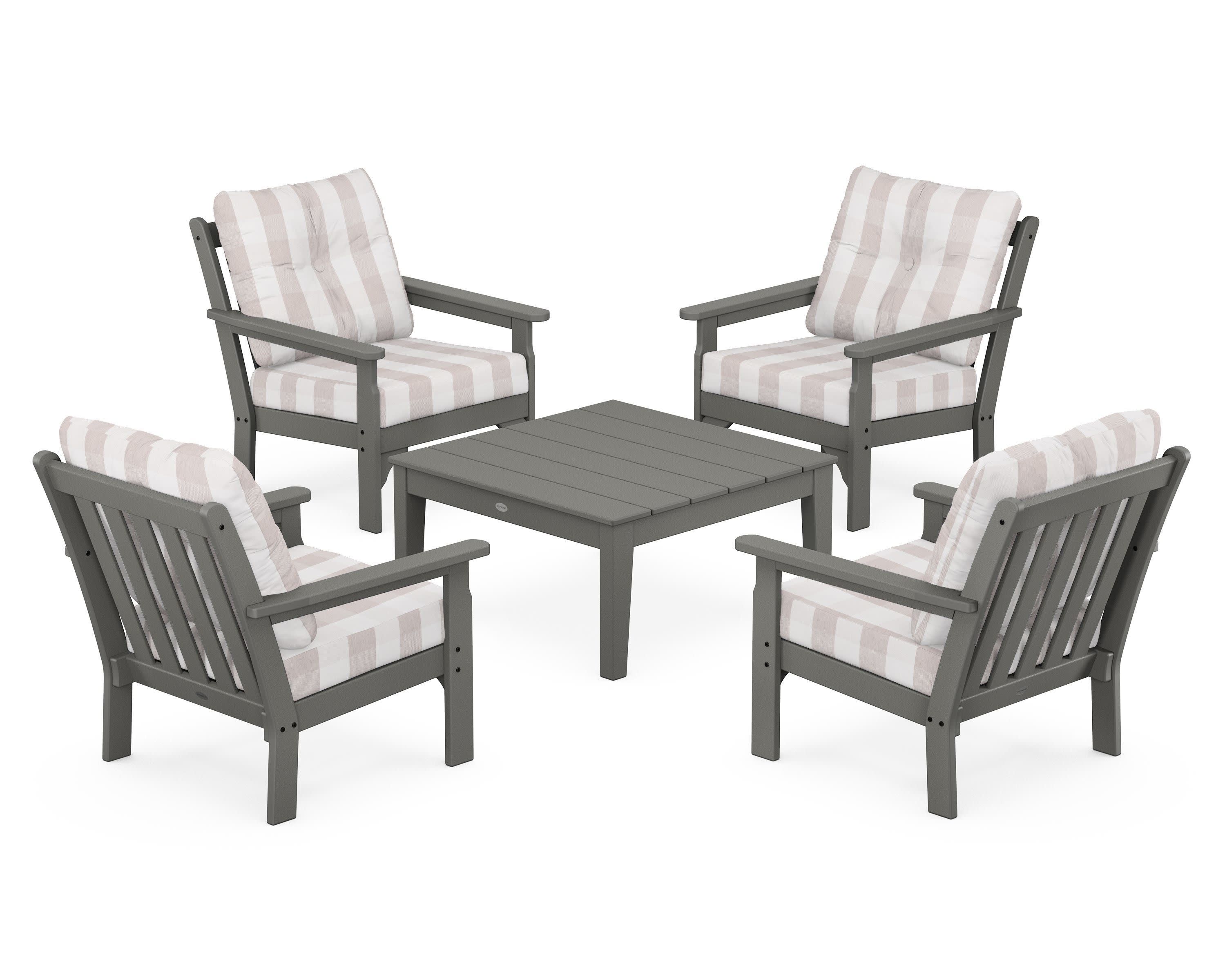 Vineyard 5-Piece Deep Seating Conversation Set in Slate Grey / Buffalo Plaid Dune Burlap