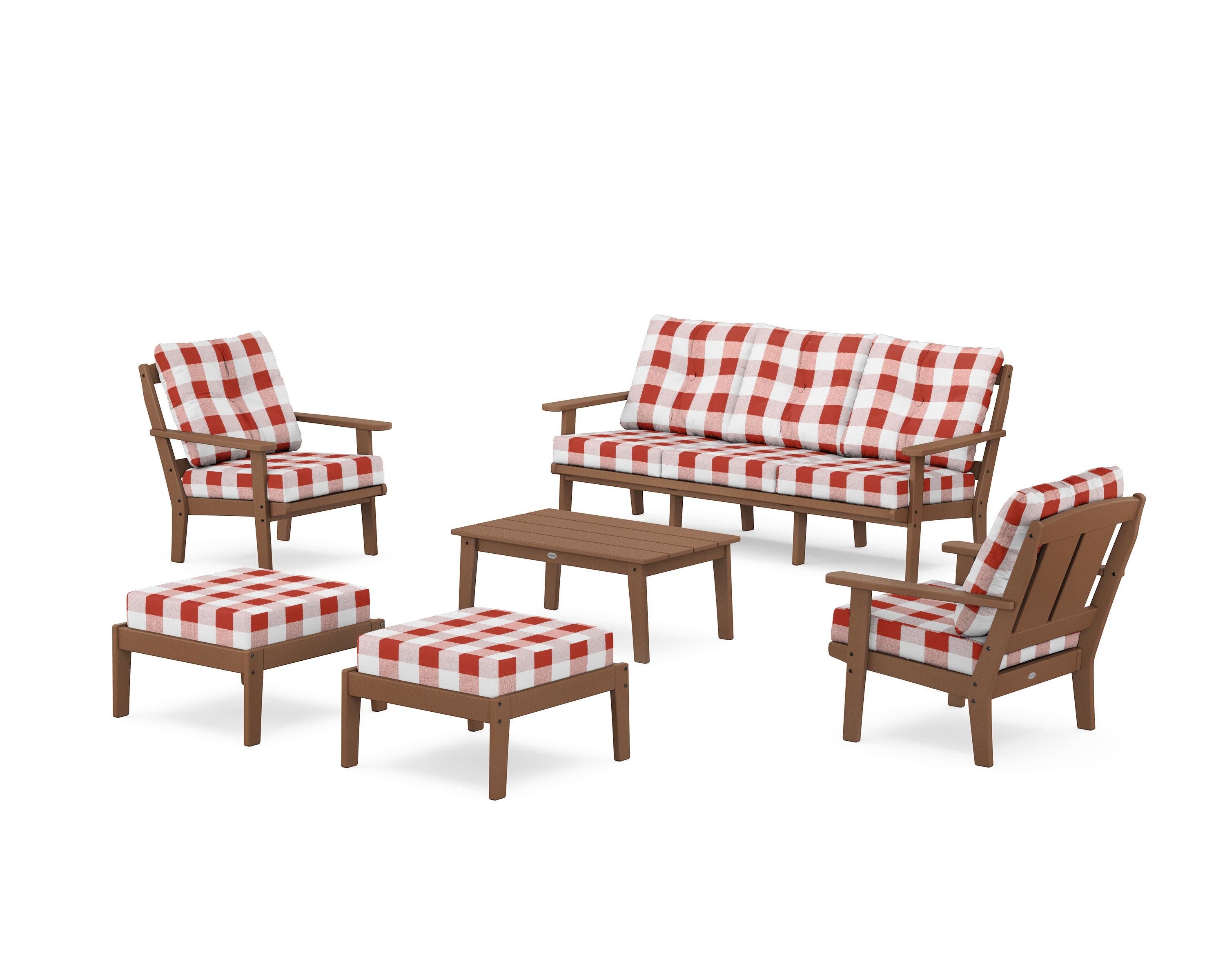 Mission 6-Piece Lounge Sofa Set in Teak / Buffalo Plaid Crimson