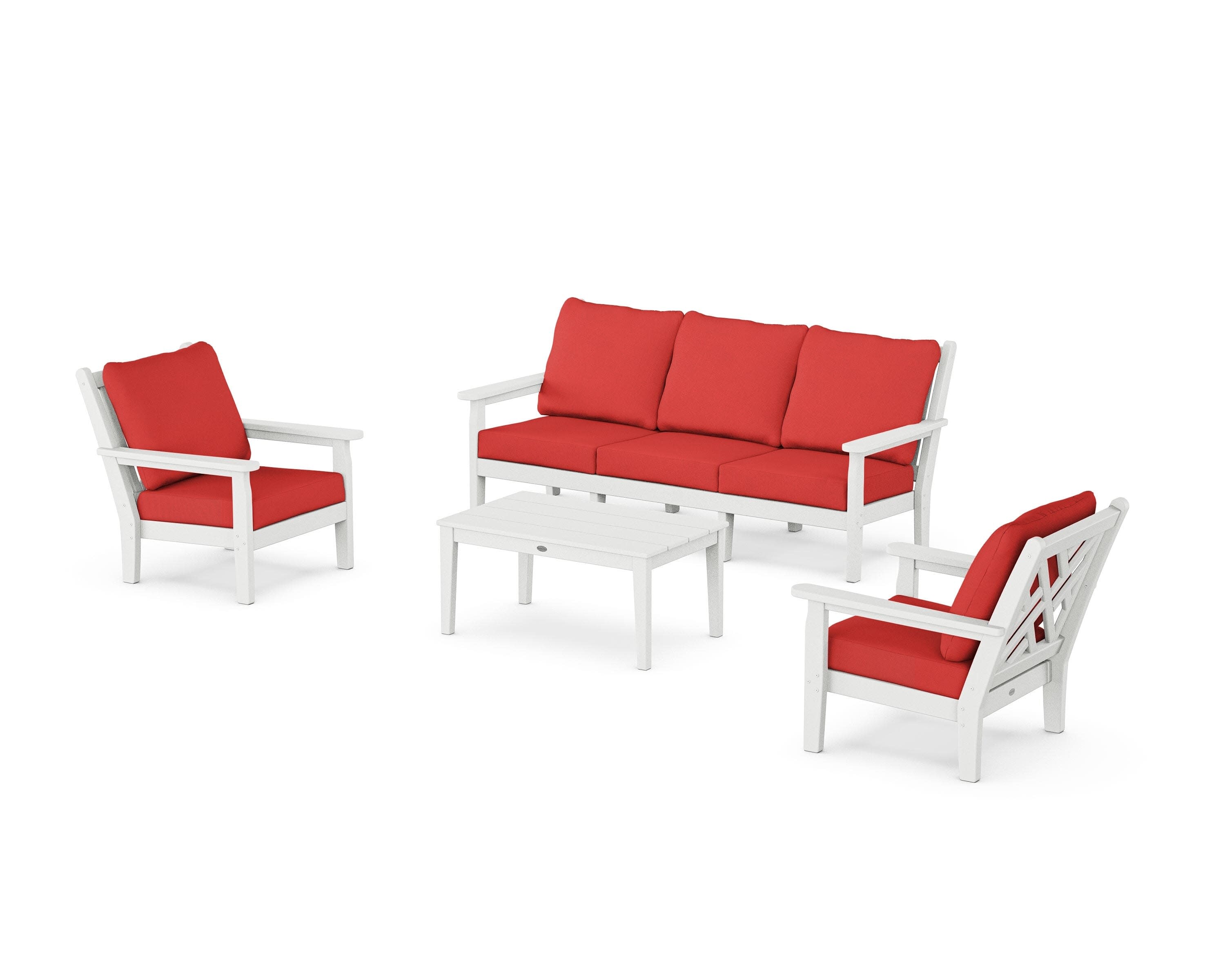 Chippendale 4-Piece Deep Seating Set with Sofa in White / Crimson Linen