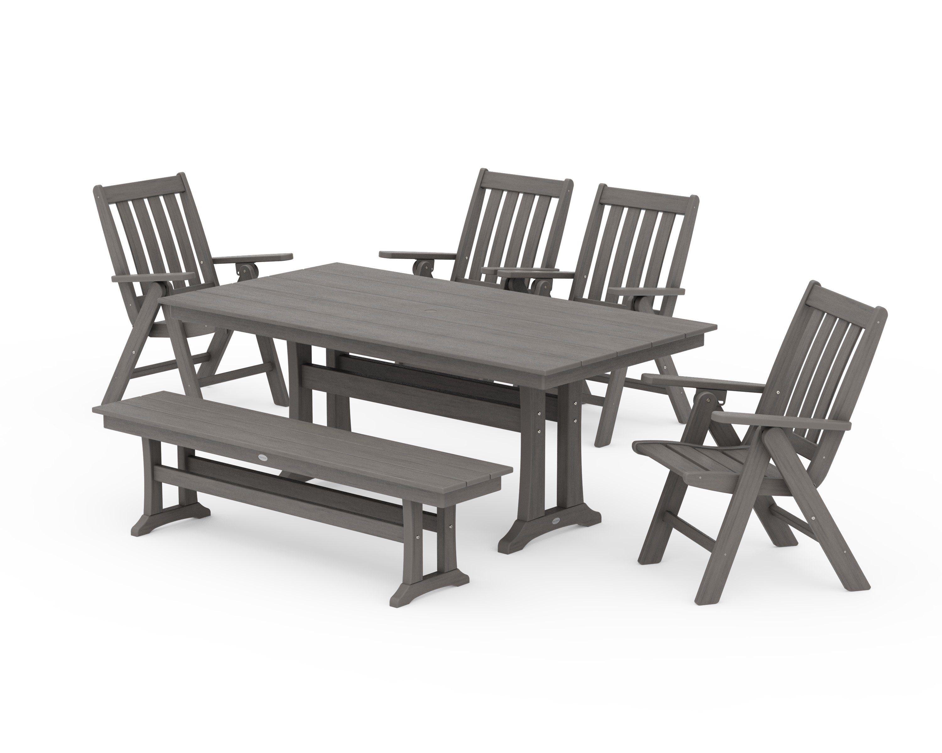 Vineyard 6-Piece Folding Chair Farmhouse Dining Set with Trestle Legs and Bench in Driftwood