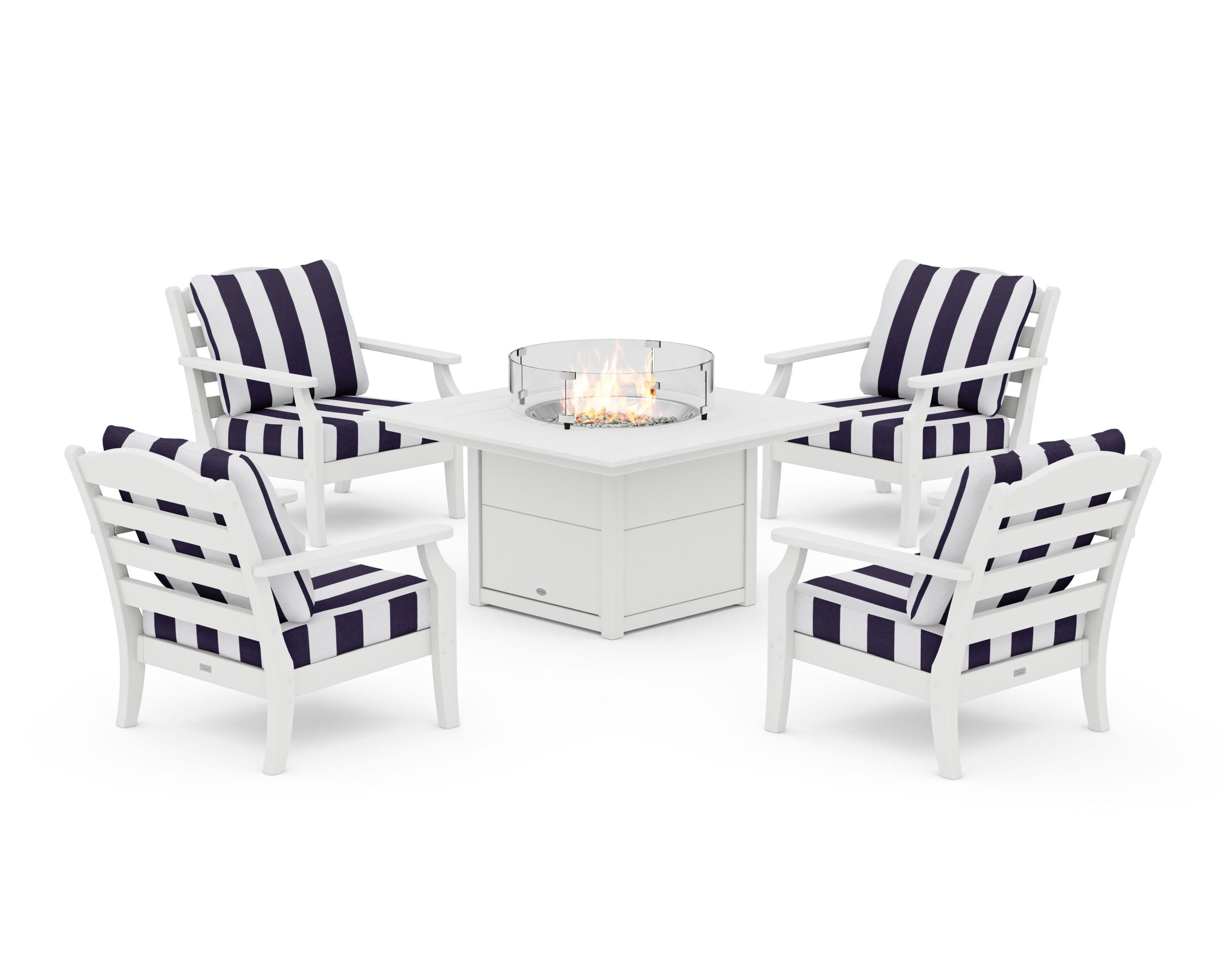 Savannah 5-Piece Deep Seating Set with Fire Pit Table in White / Cabana Stripe Navy