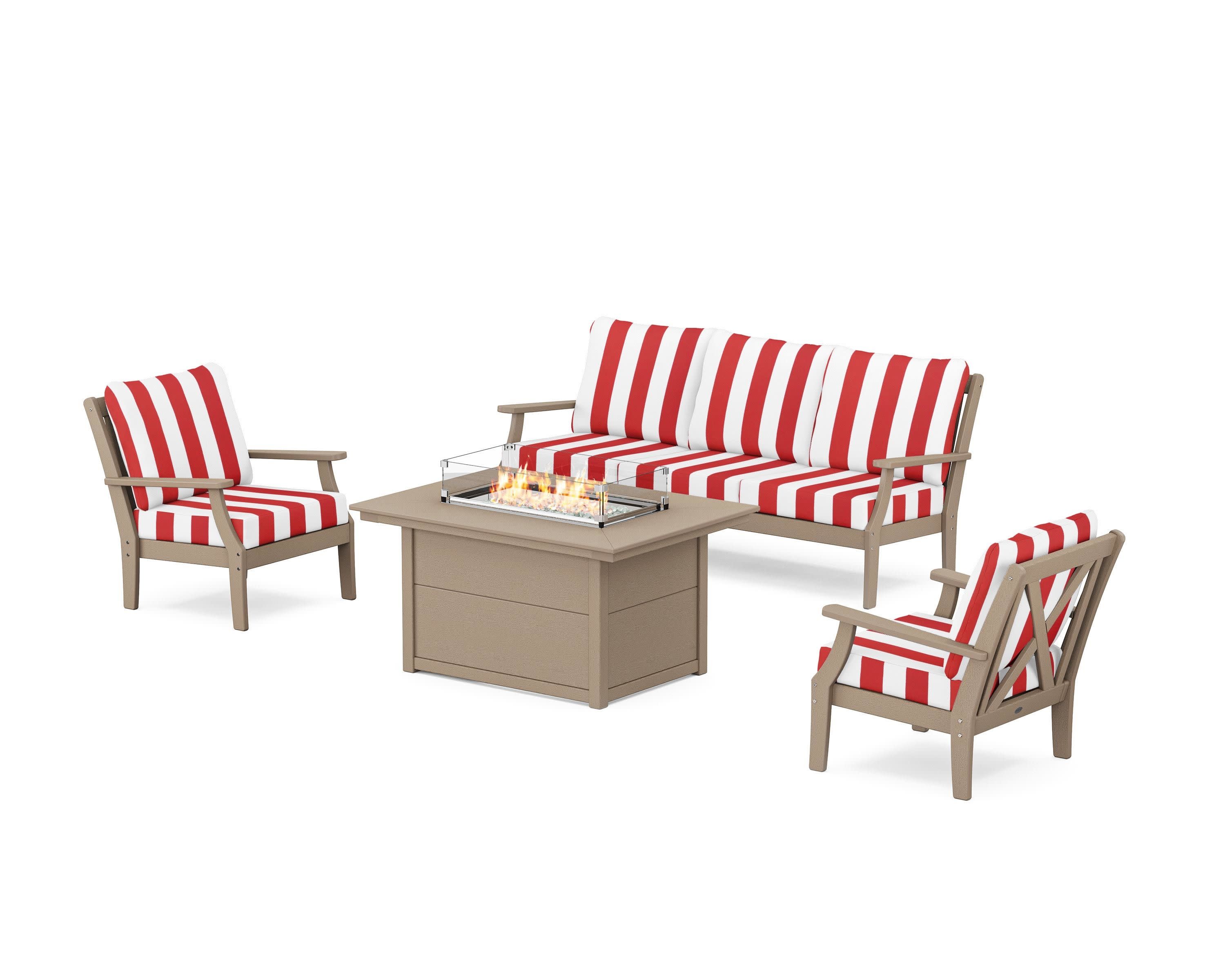 Braxton Deep Seating Fire Pit Table Set in Vintage Sahara / Cabana Stripe Crimson