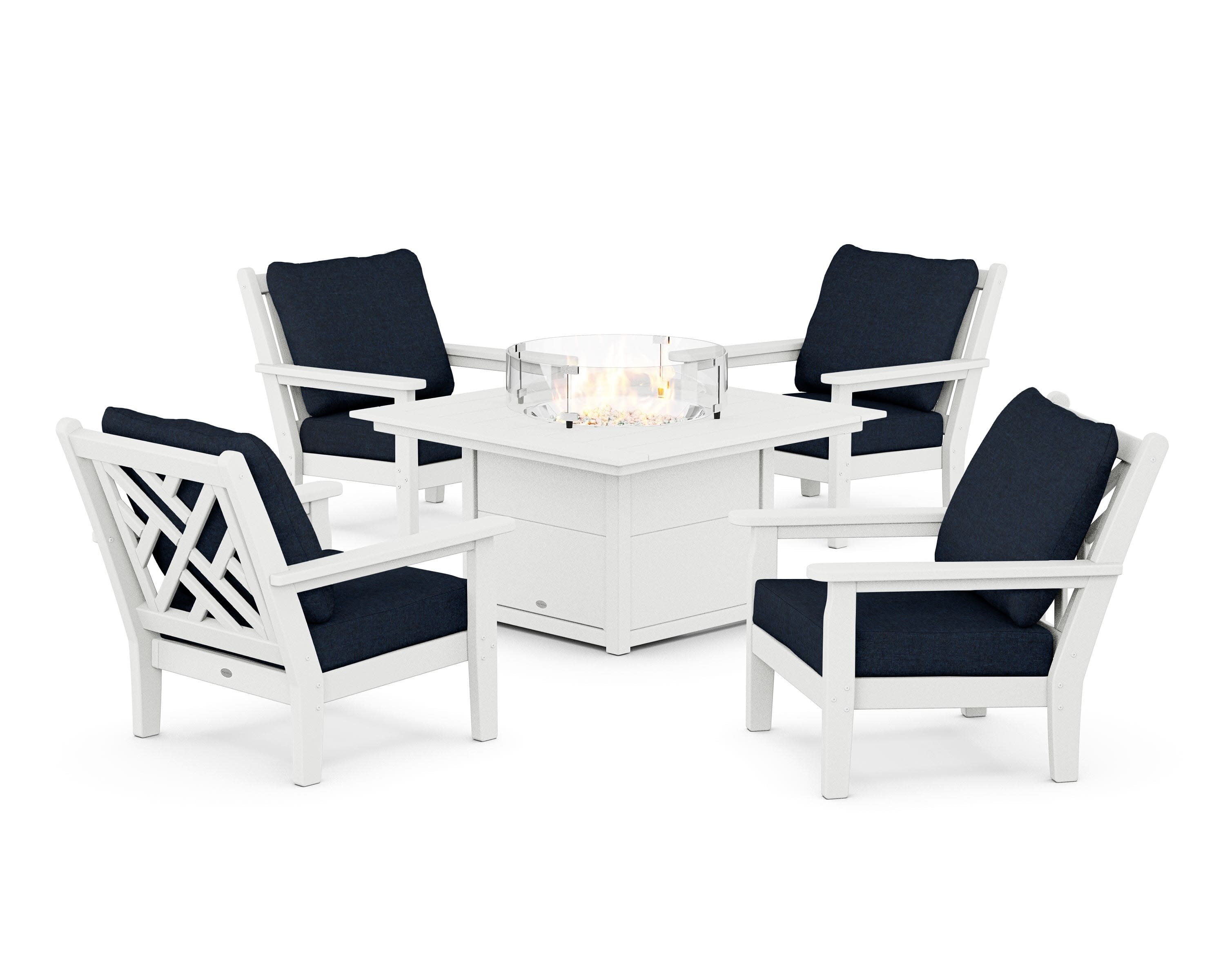 Chippendale 5-Piece Deep Seating Set with Fire Pit Table in White / Marine Indigo
