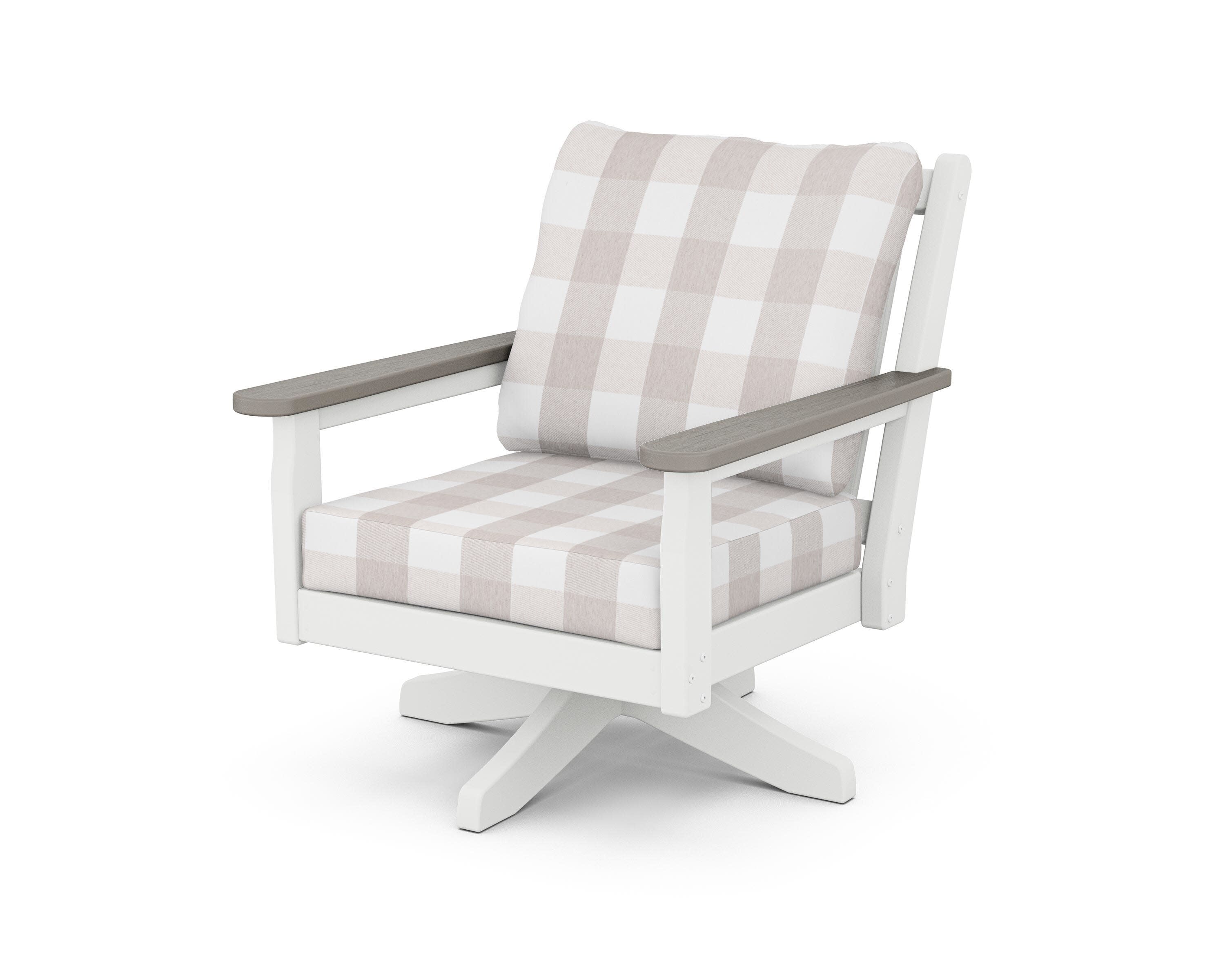 Chippendale Deep Seating Swivel Chair in White / Driftwood / Buffalo Plaid Dune Burlap