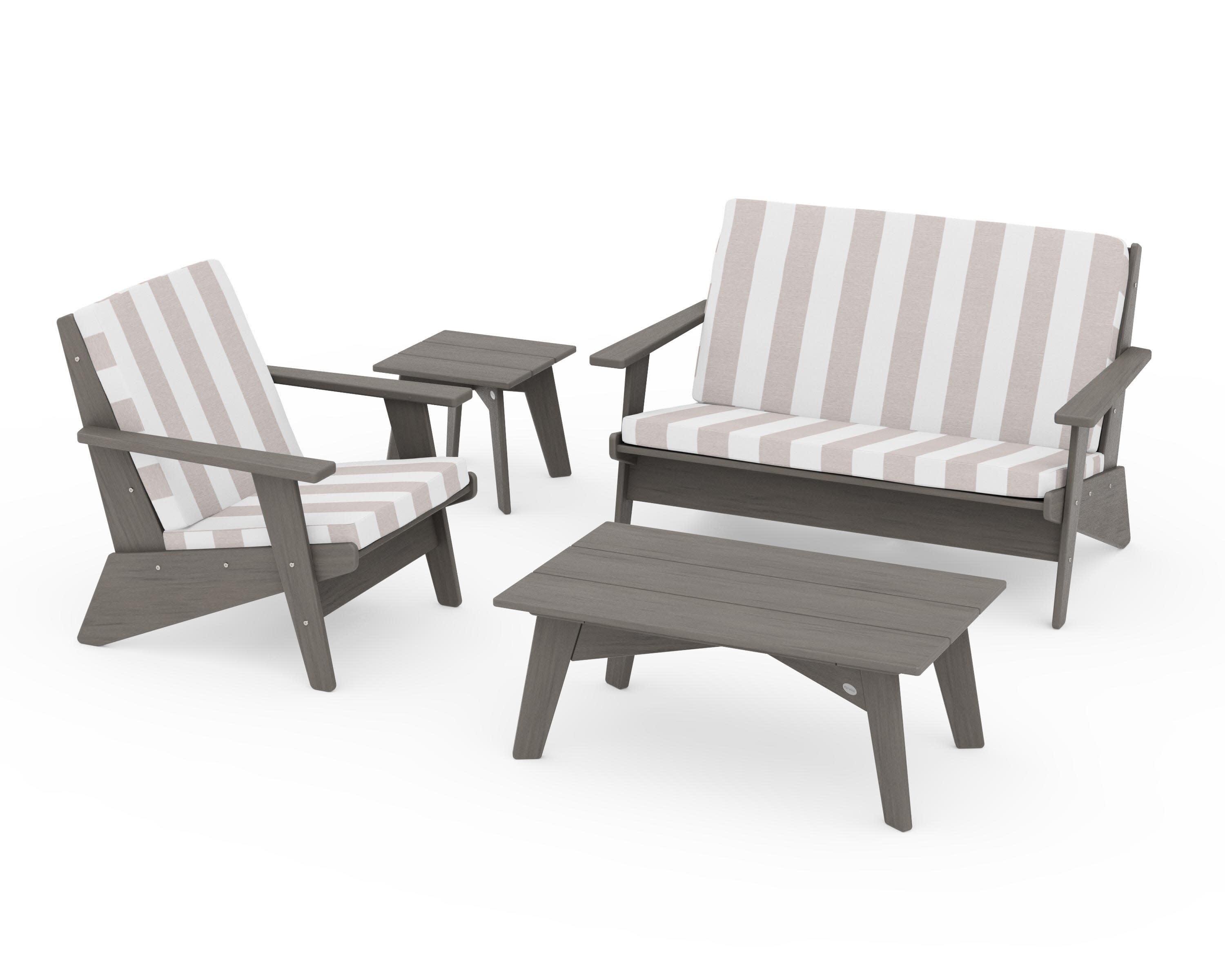 Riviera Modern Lounge 4-Piece Set in Driftwood / Cabana Stripe Dune Burlap