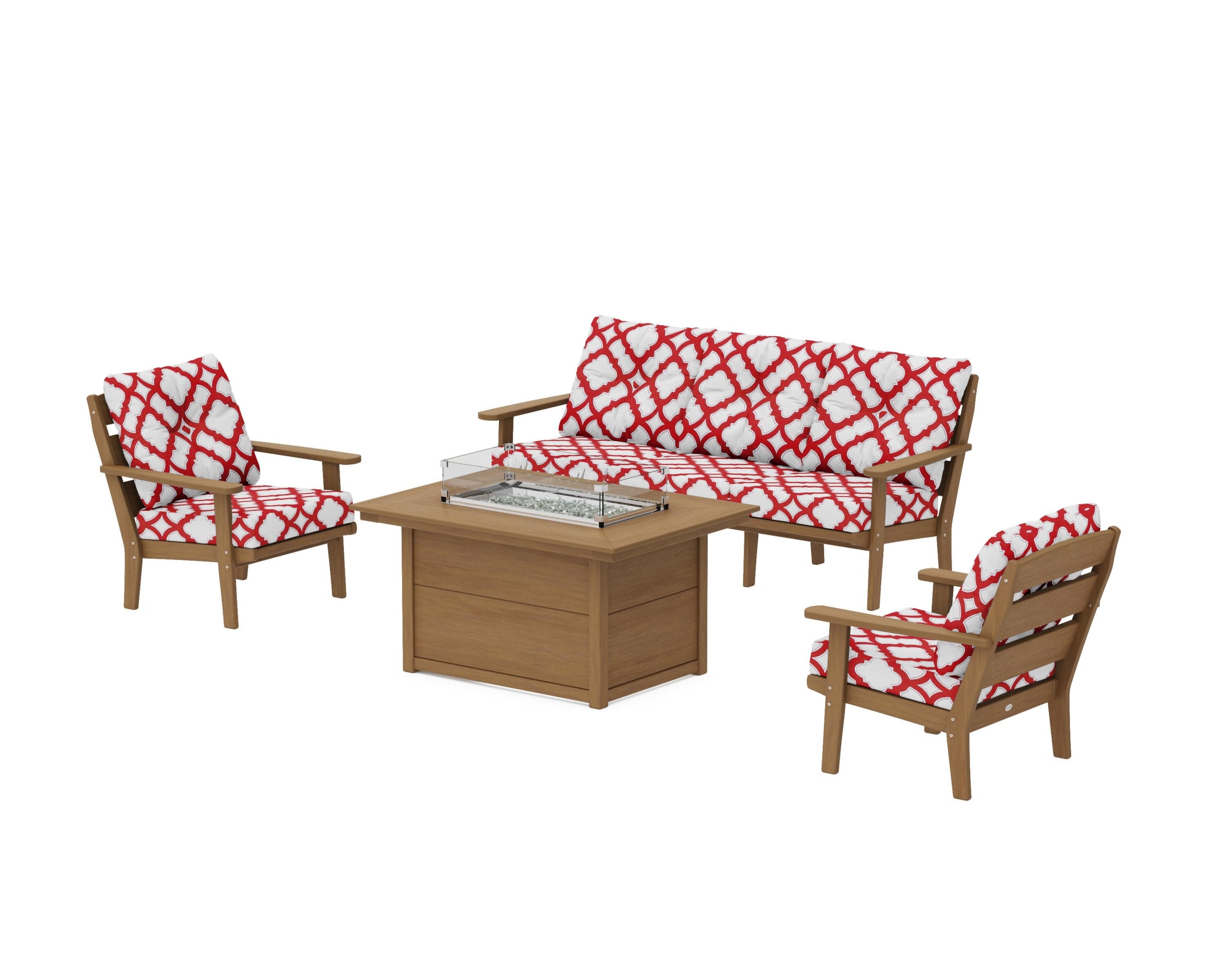Lakeside Deep Seating Fire Pit Table Set in Natural / Trellis Crimson