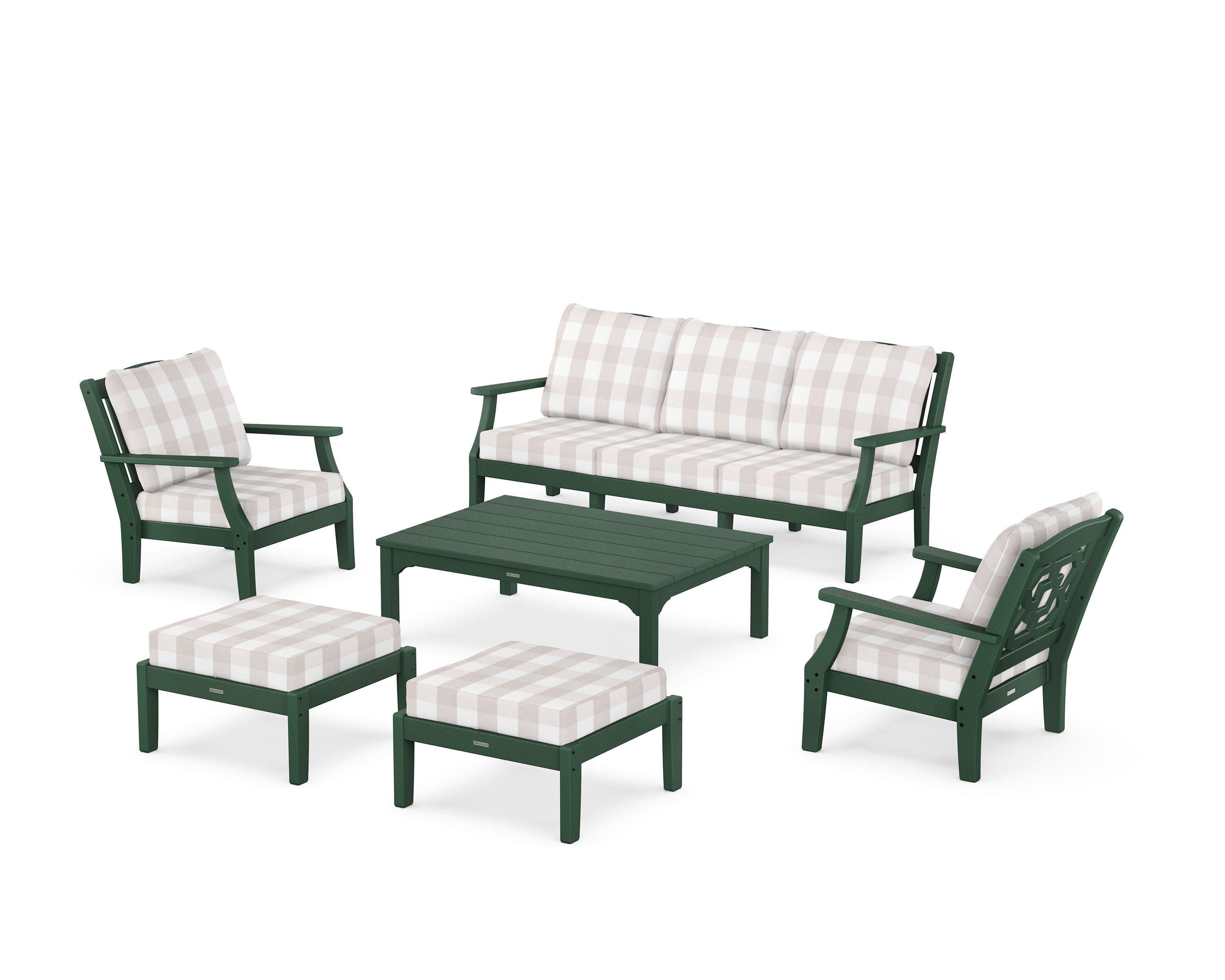 Chinoiserie 6-Piece Lounge Sofa Set in Green / Buffalo Plaid Dune Burlap