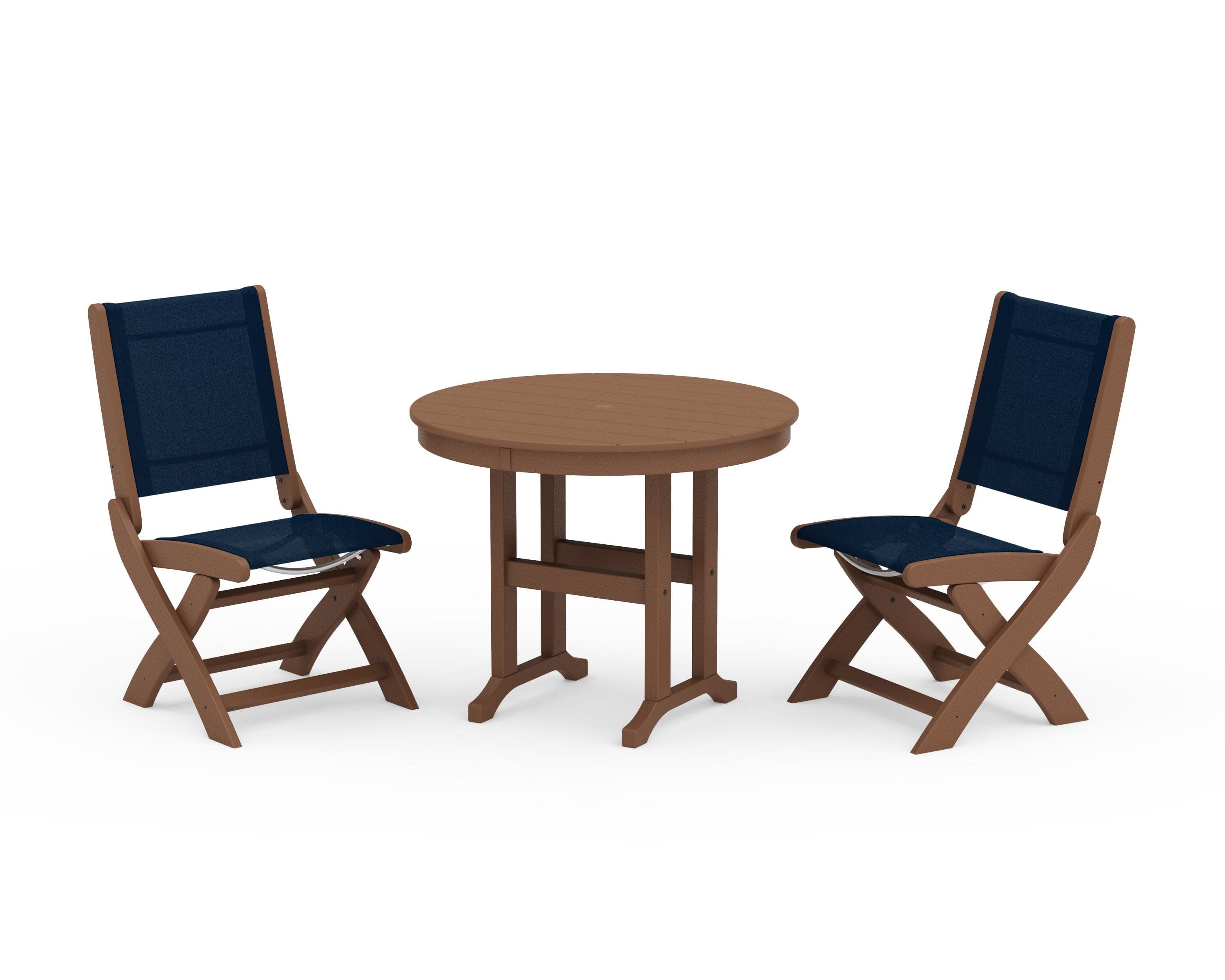 Coastal Folding Side Chair 3-Piece Round Dining Set in Teak / Navy Blue Sling