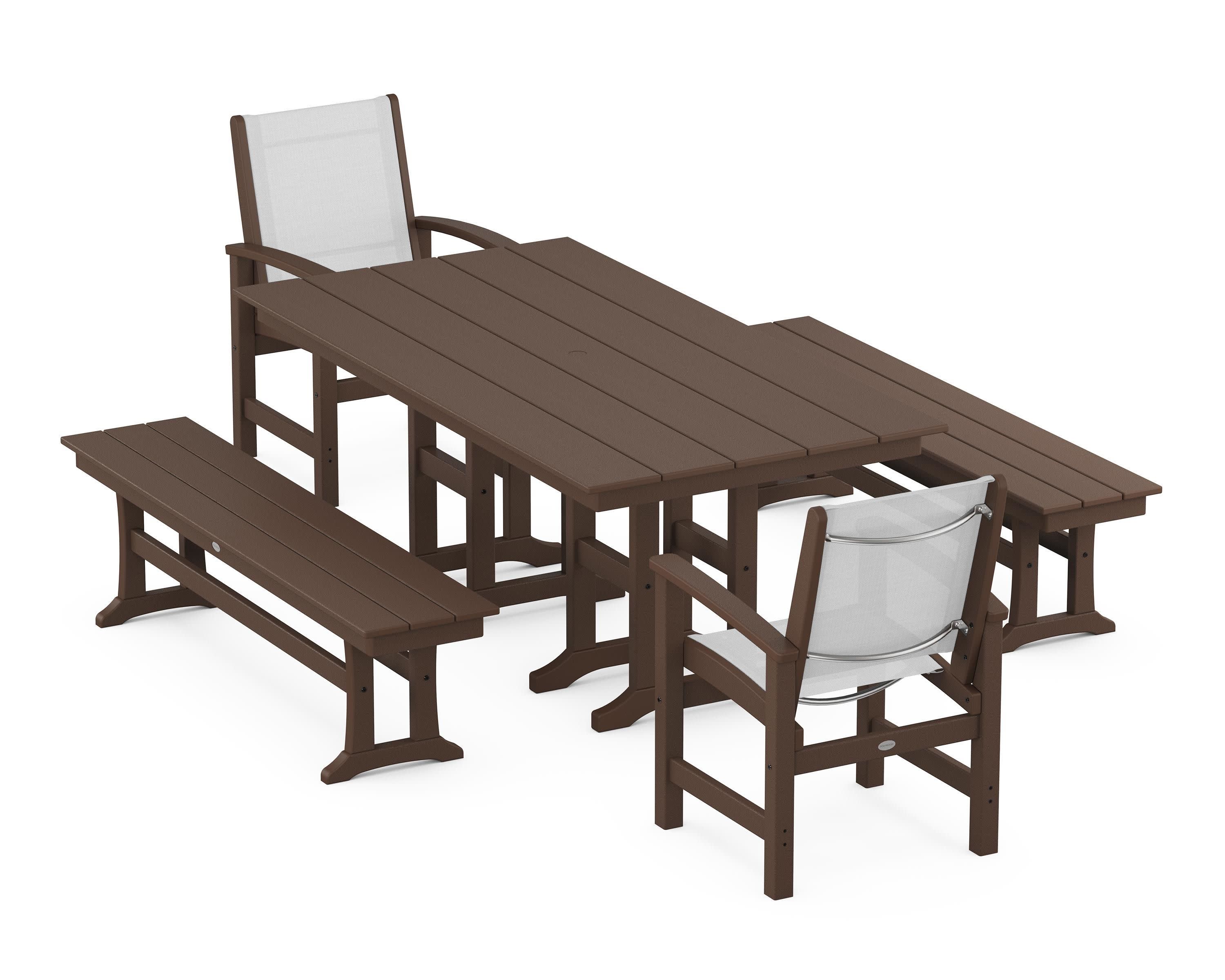 Coastal 5-Piece Farmhouse Dining Set in Mahogany / White Sling