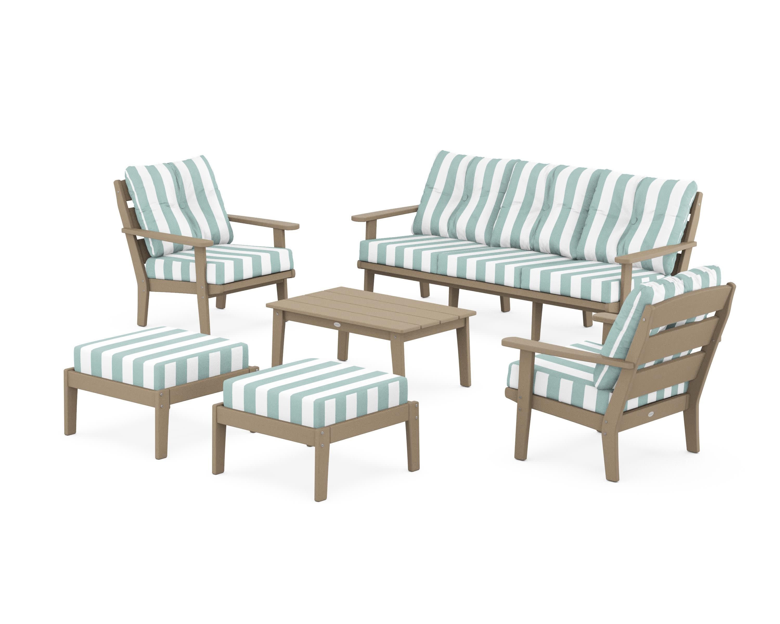 Lakeside 6-Piece Lounge Sofa Set in Vintage Sahara / Cabana Stripe Glacier Spa