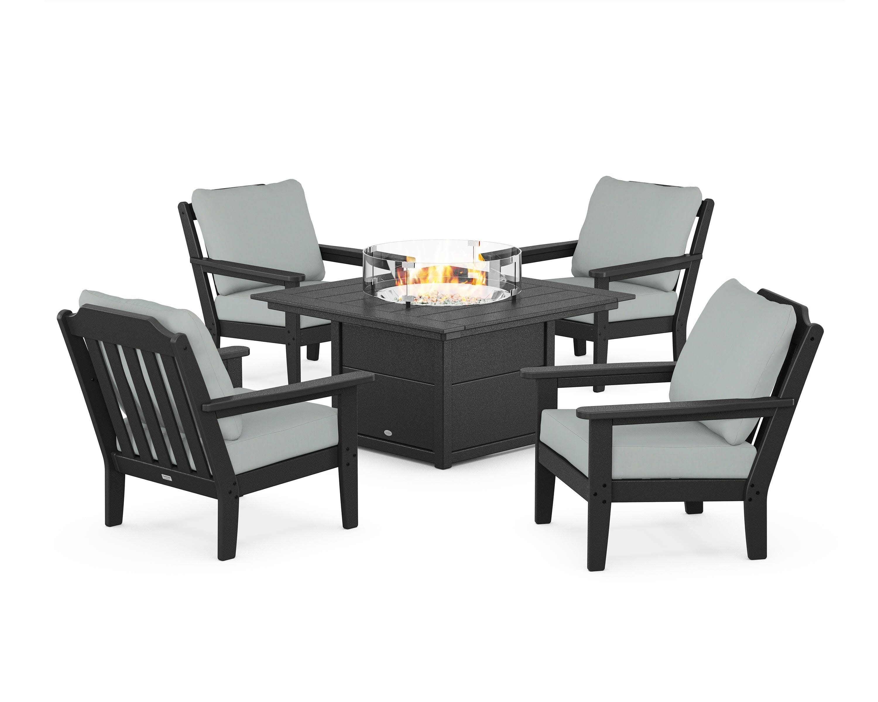 Cottage 5-Piece Deep Seating Set with Fire Pit Table in Black / Spa