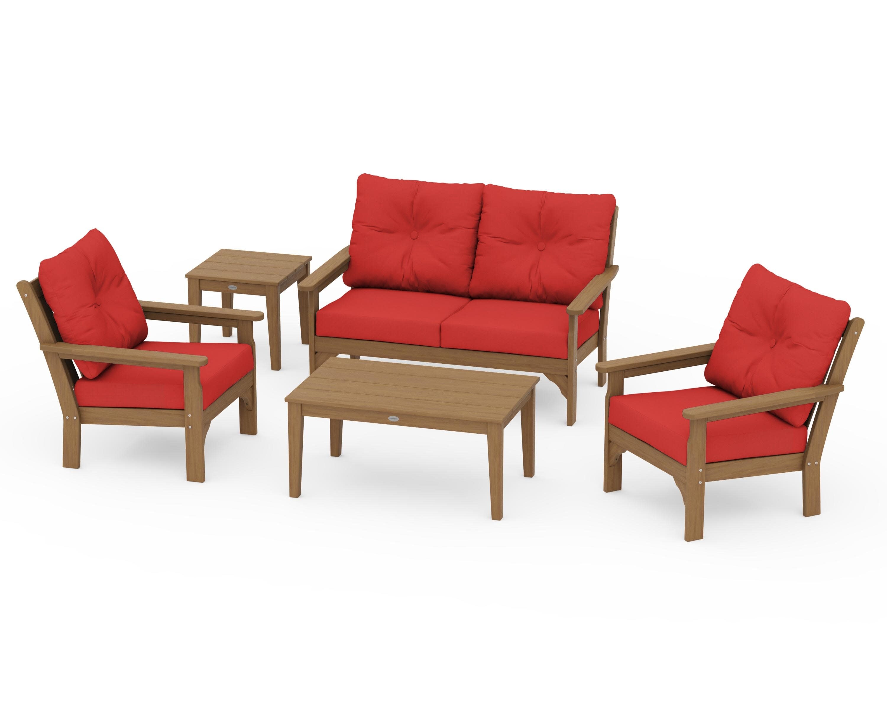 Vineyard 5-Piece Deep Seating Set in Natural / Crimson Linen