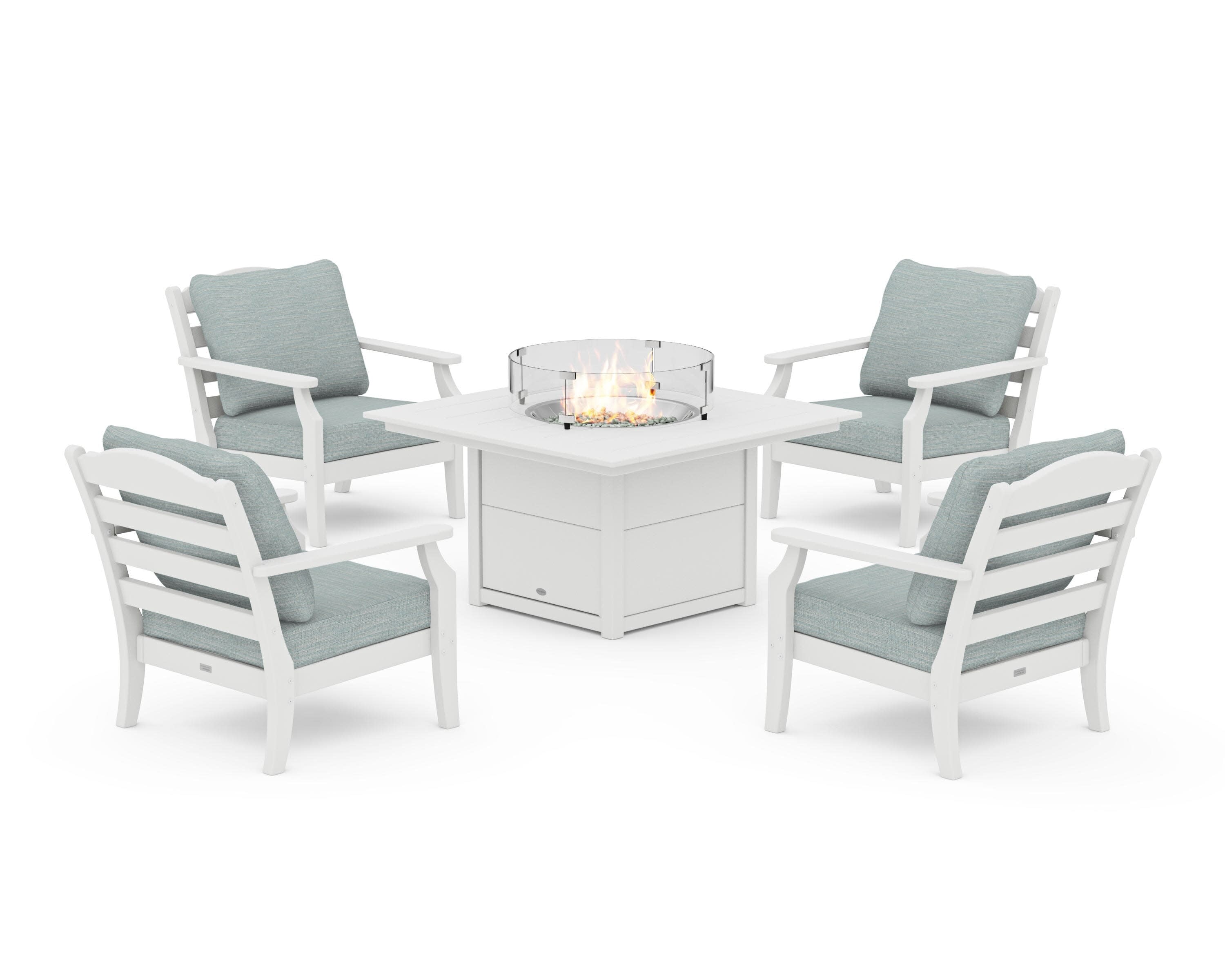 Savannah 5-Piece Deep Seating Set with Fire Pit Table in White / Soothe Mist