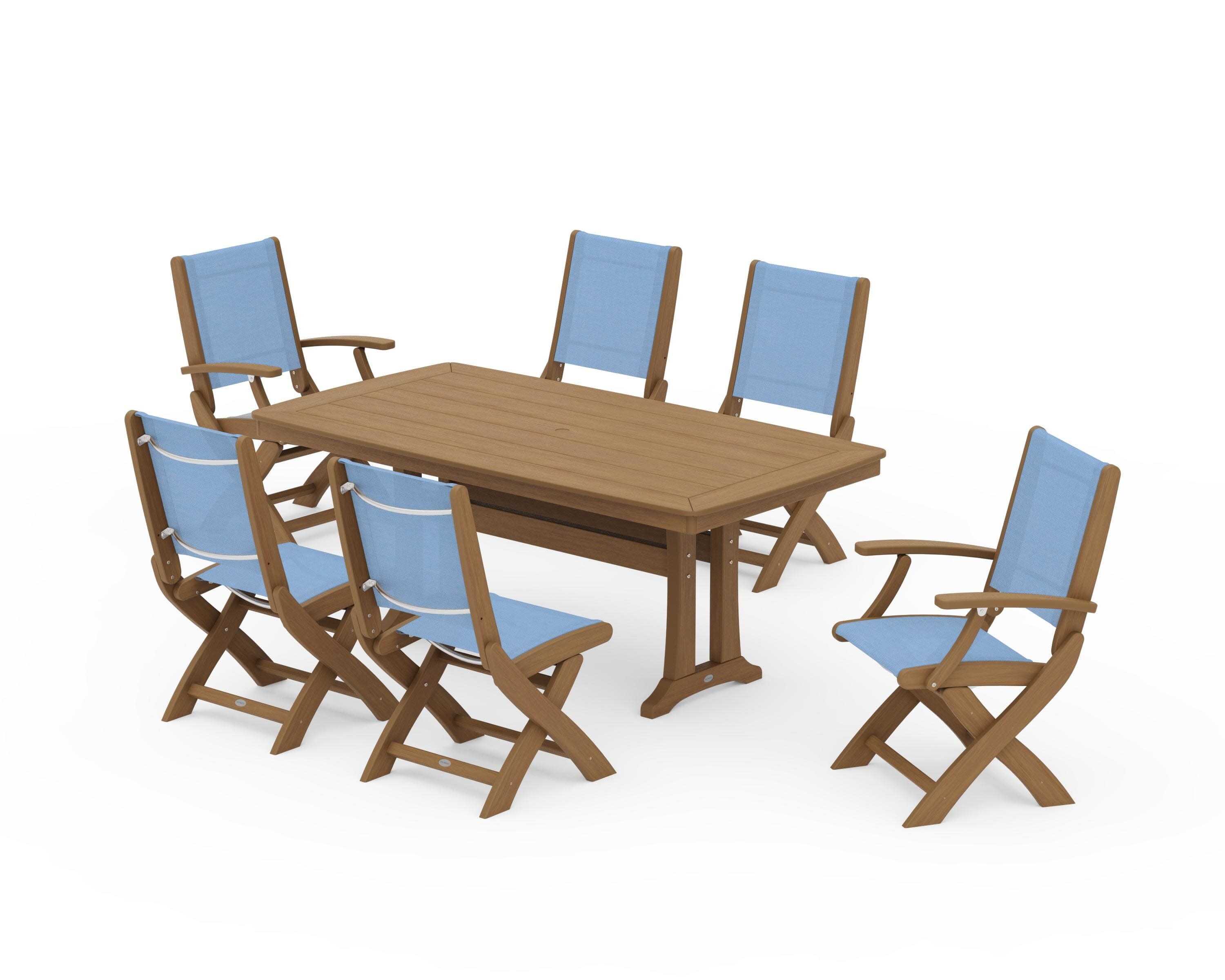 Coastal Folding Chair 7-Piece Dining Set with Trestle Legs in Natural / Poolside Sling