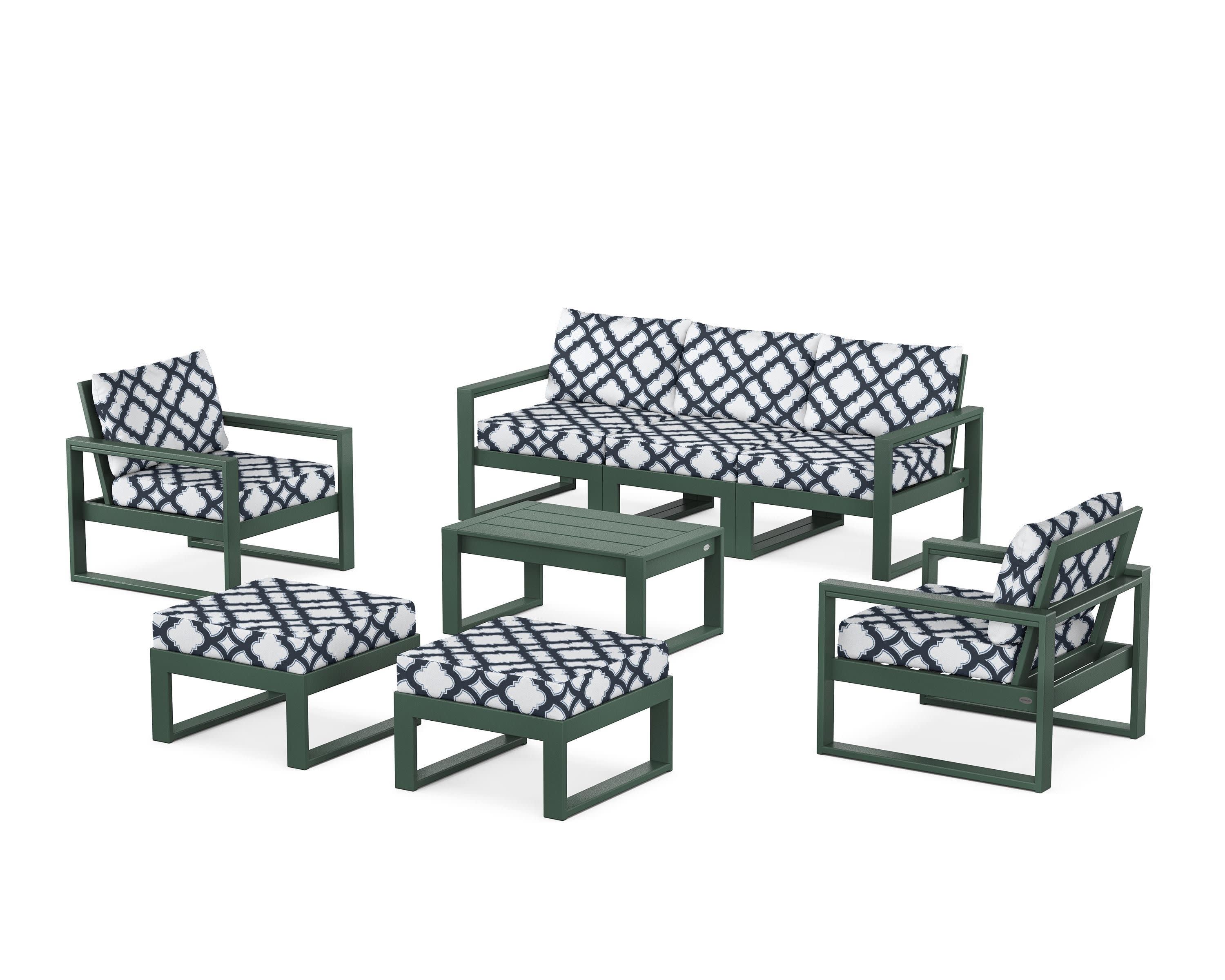 EDGE Sectional 8-Piece Lounge Sofa Set in Green / Trellis Marine Indigo