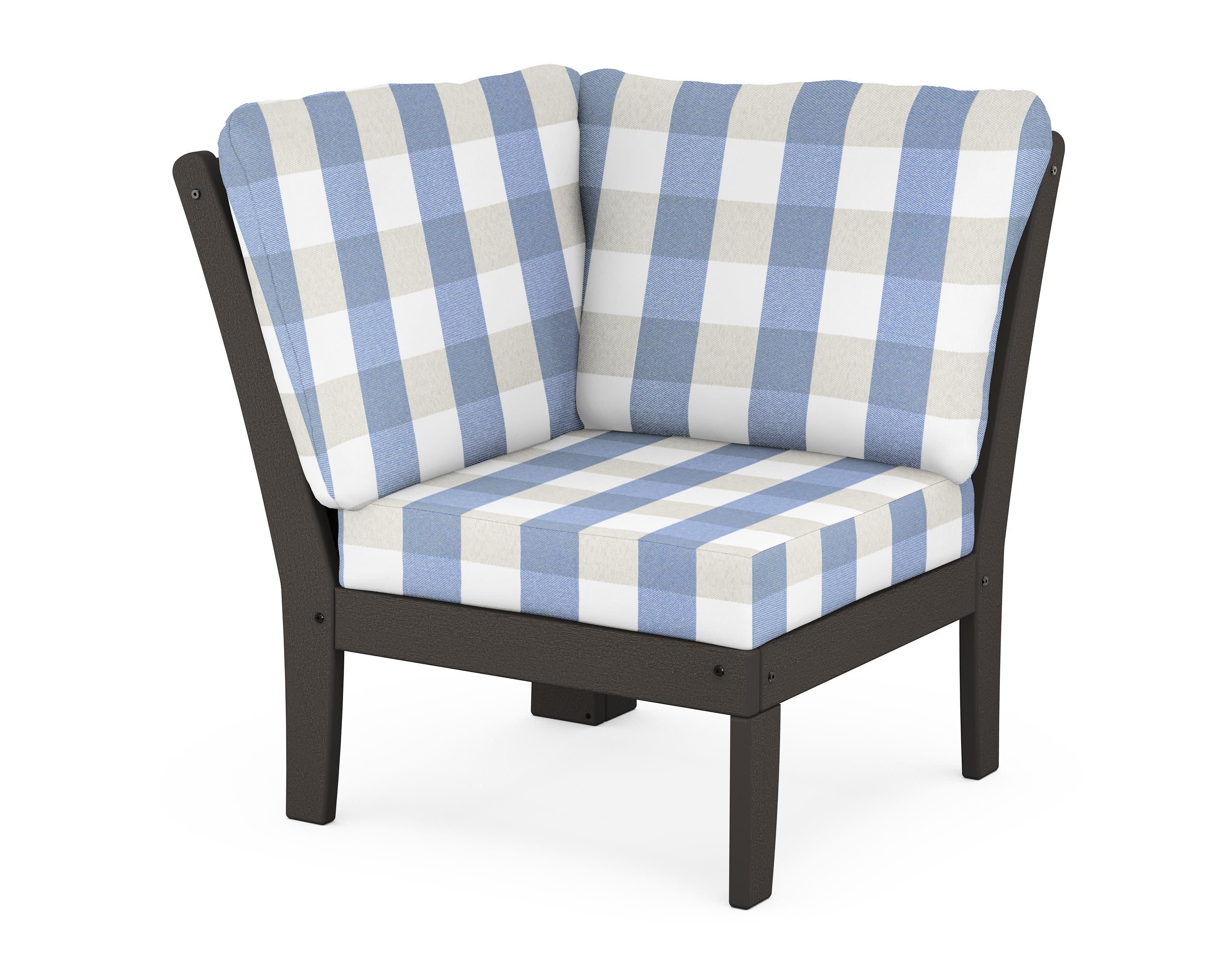 Braxton Modular Corner Chair in Vintage Coffee / Buffalo Plaid Sky Blue