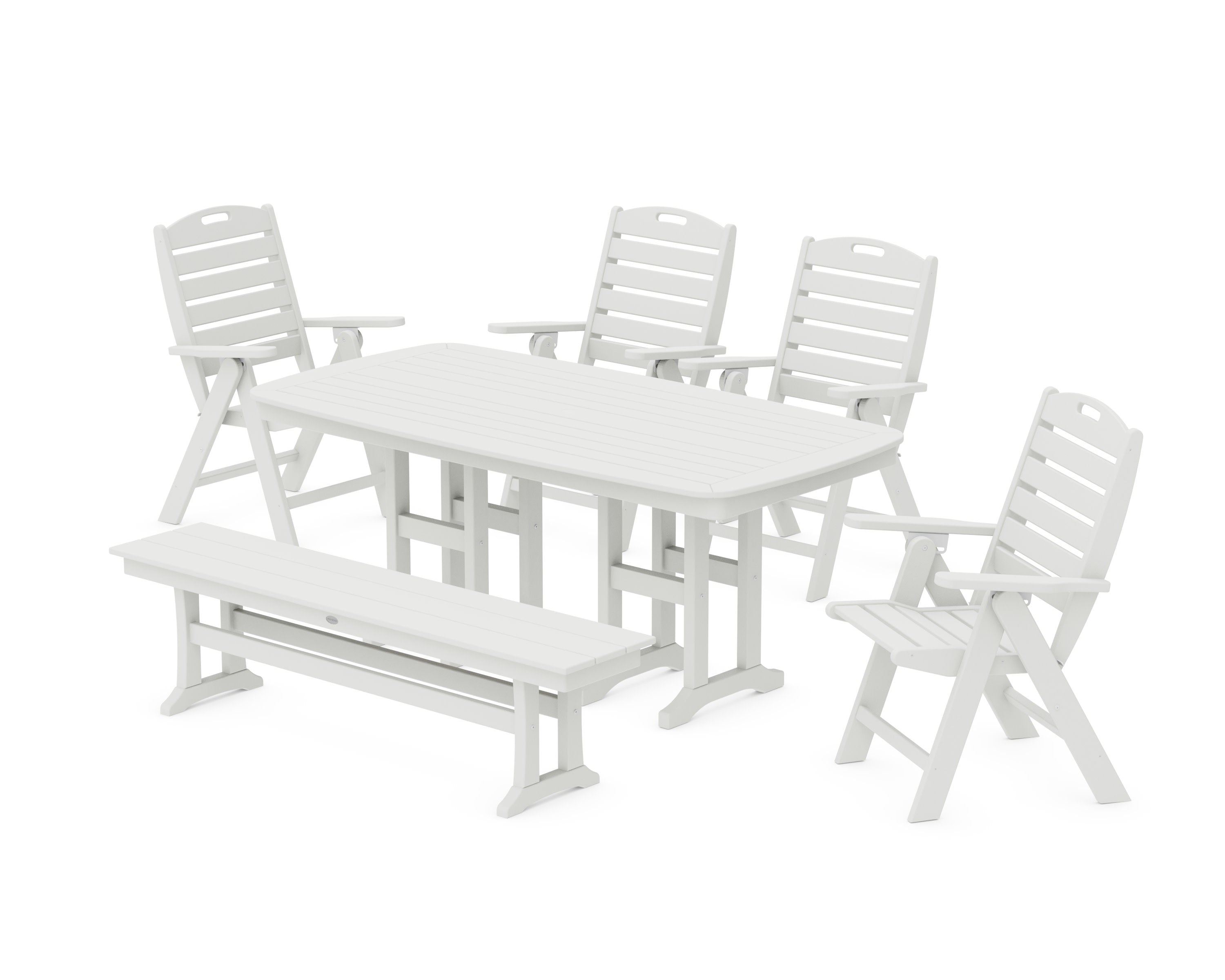 Nautical Highback 6-Piece Dining Set with Bench in Vintage White