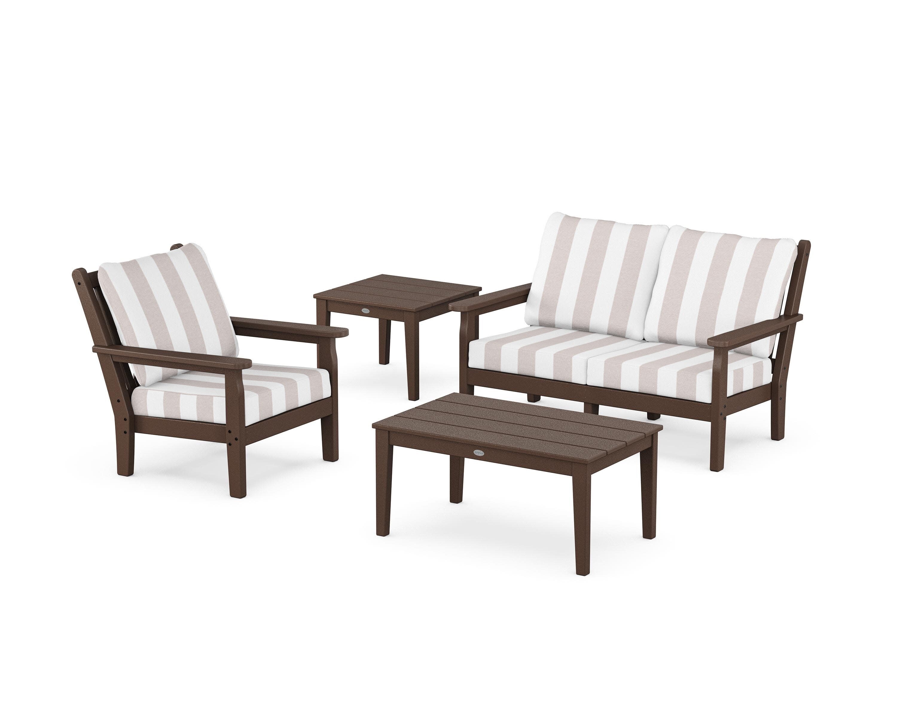 Chippendale 4-Piece Deep Seating Set in Mahogany / Cabana Stripe Dune Burlap