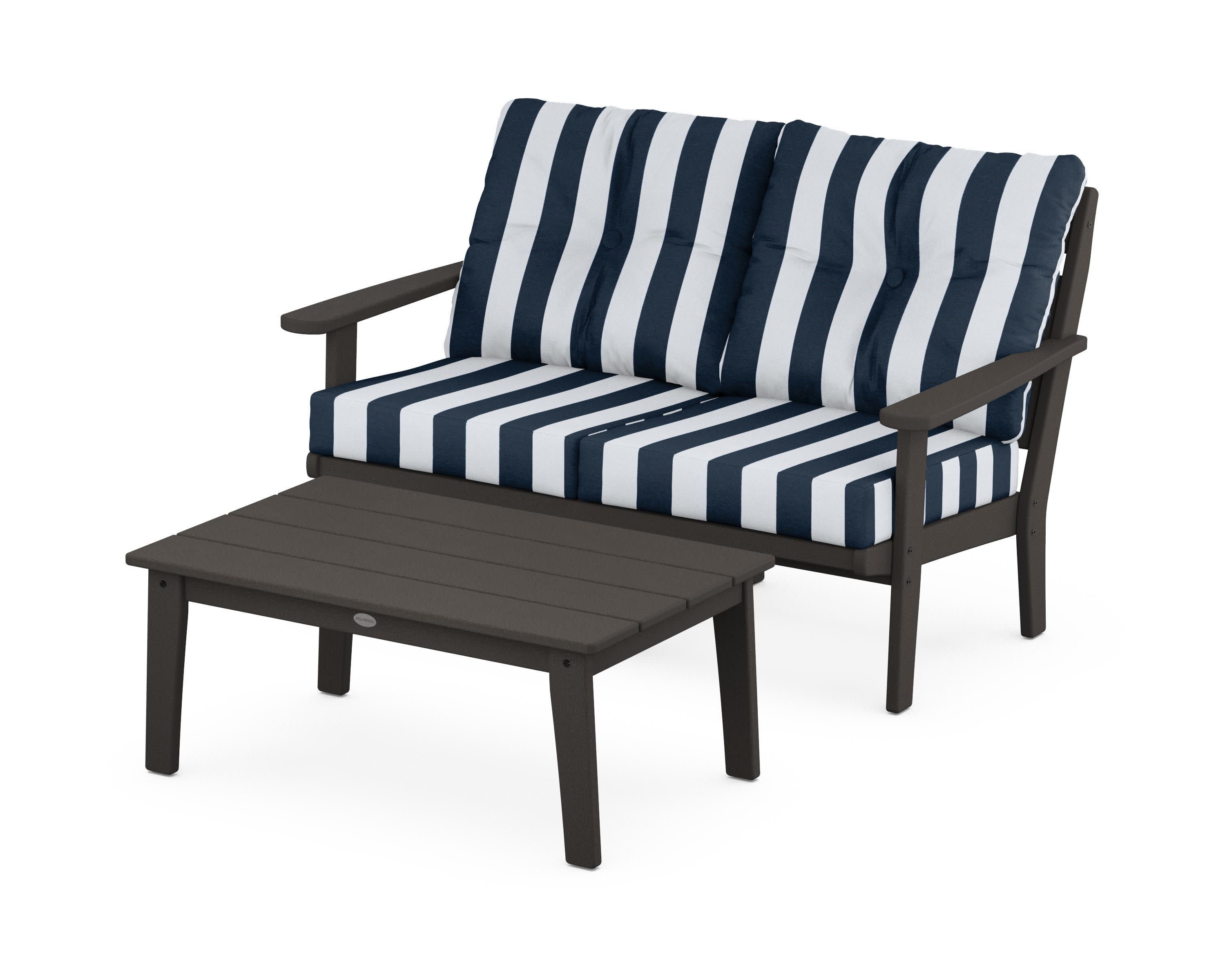 Lakeside 2-Piece Lounge Loveseat Set in Vintage Coffee / Cabana Stripe Marine Indigo