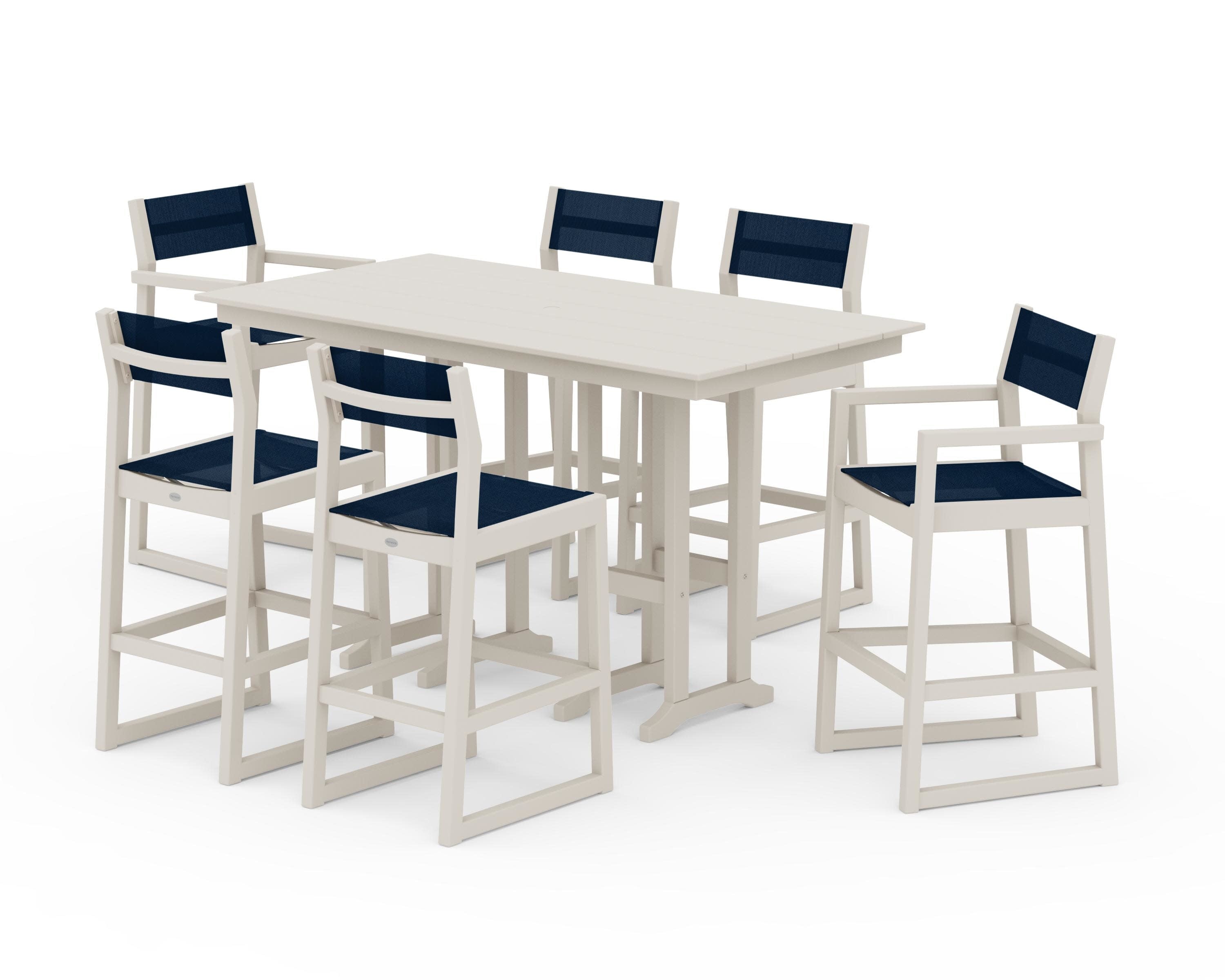 EDGE Sling 7-Piece Farmhouse Bar Set in Sand / Navy Blue Sling