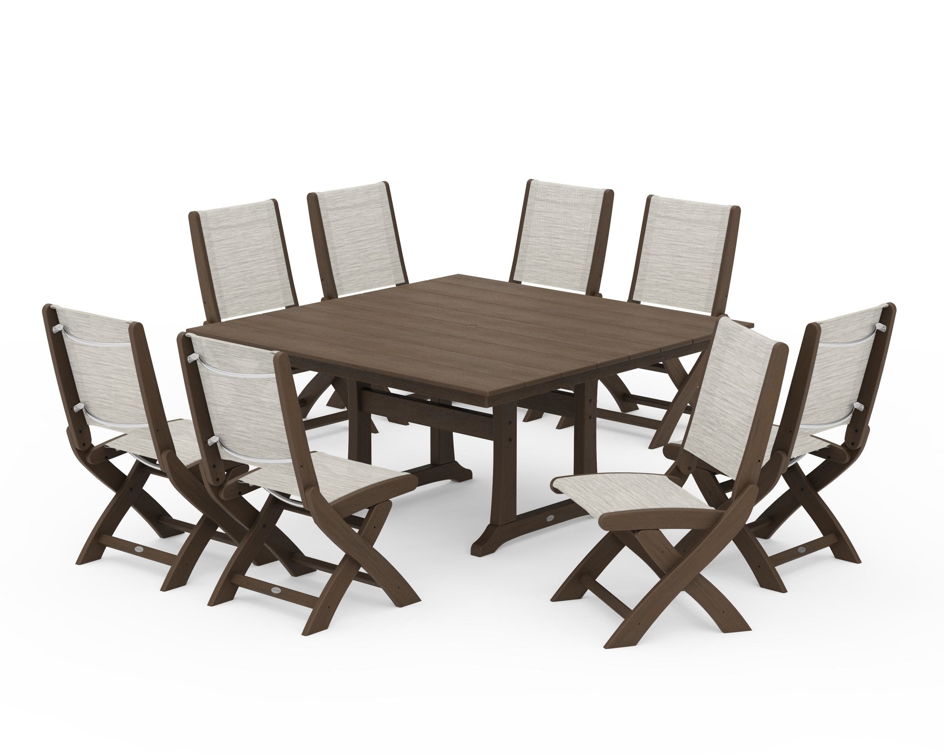 Coastal Folding Side Chair 9-Piece Dining Set with Trestle Legs in Kona / Birch Sling