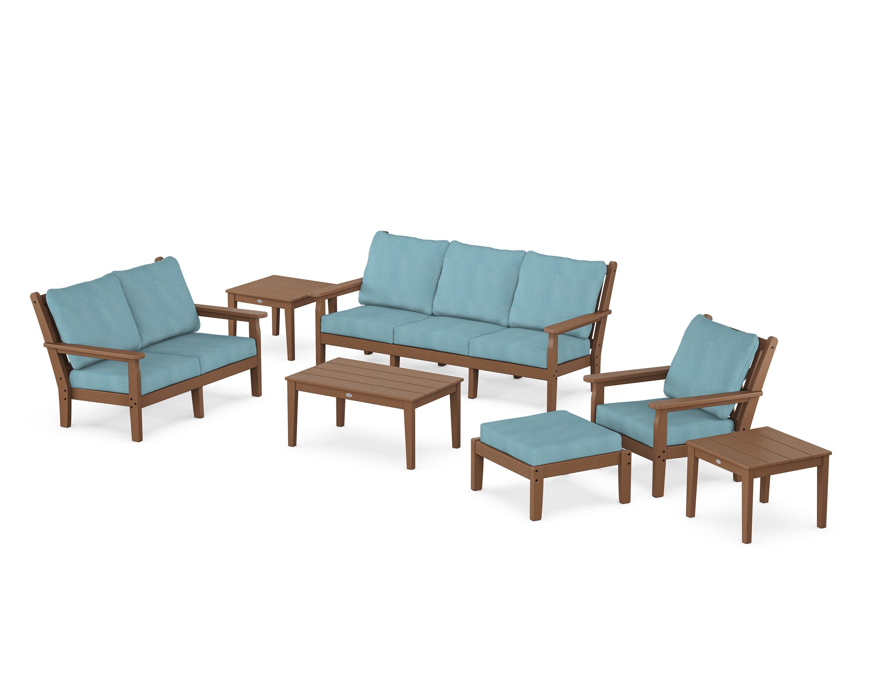 Chippendale 7-Piece Deep Seating Set in Teak / Lattice Sky Blue
