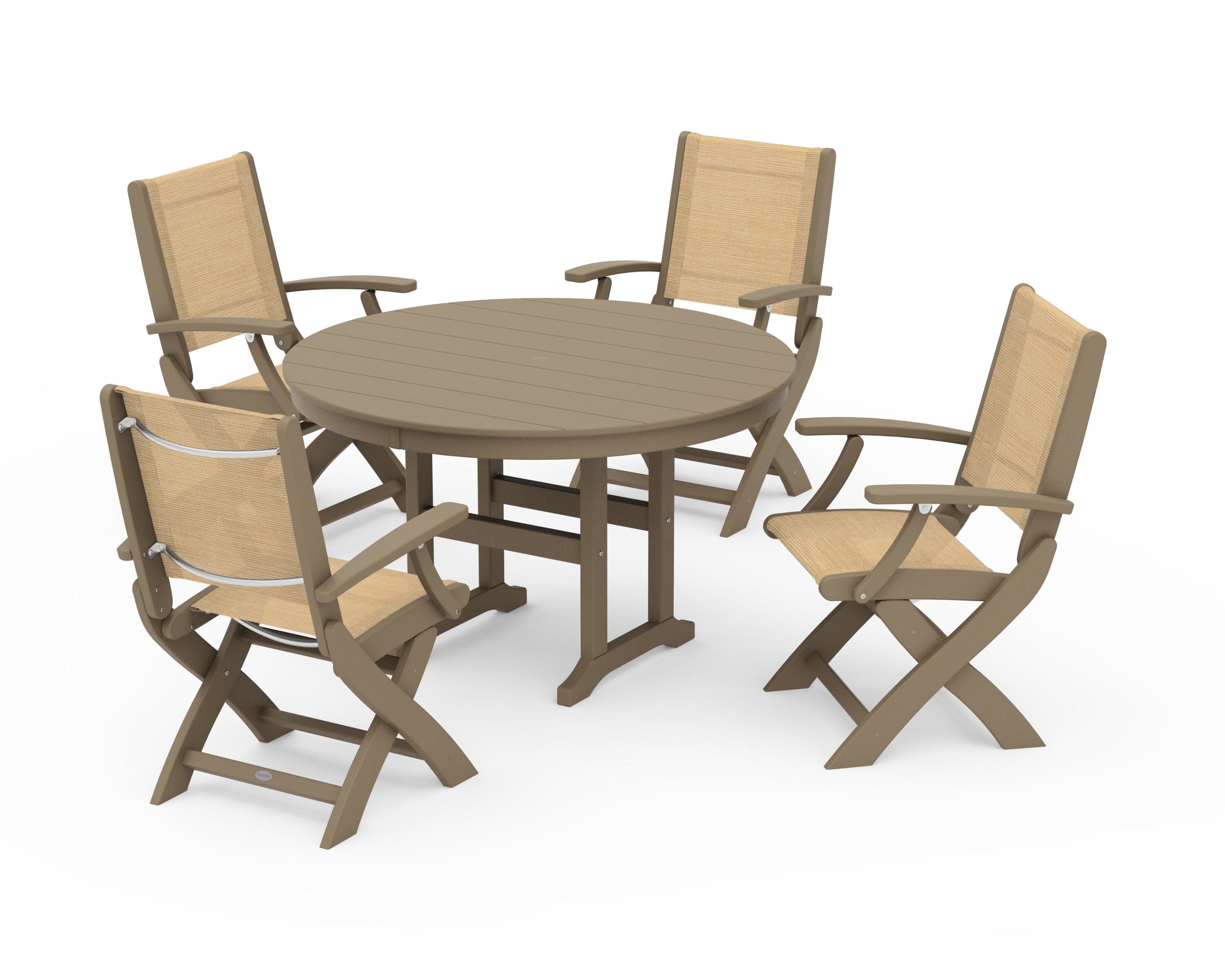 Coastal Folding Chair 5-Piece Round Dining Set in Vintage Sahara / Dupioni Apricot Sling