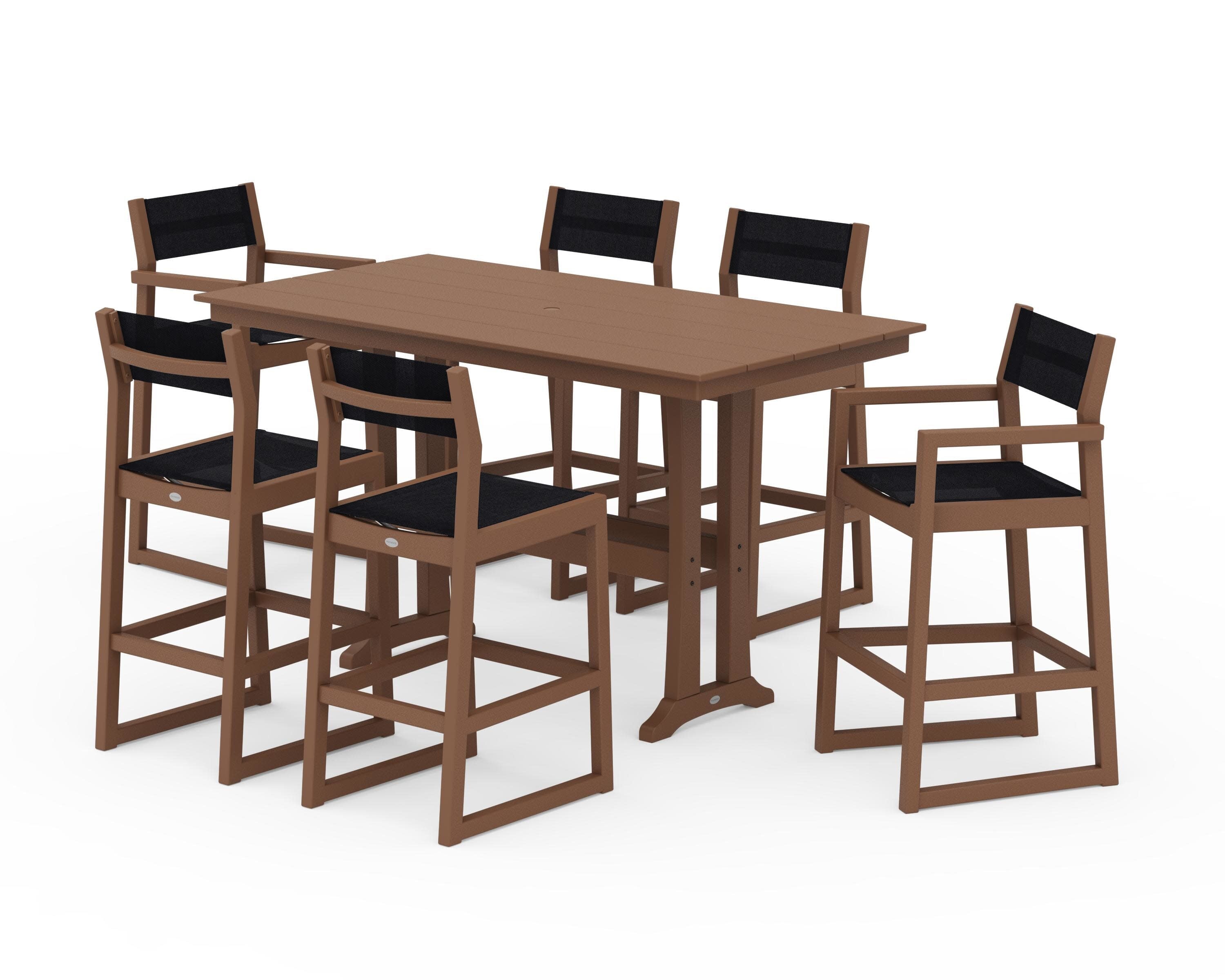 EDGE Sling 7-Piece Farmhouse Bar Set with Trestle Legs in Teak / Black Sling